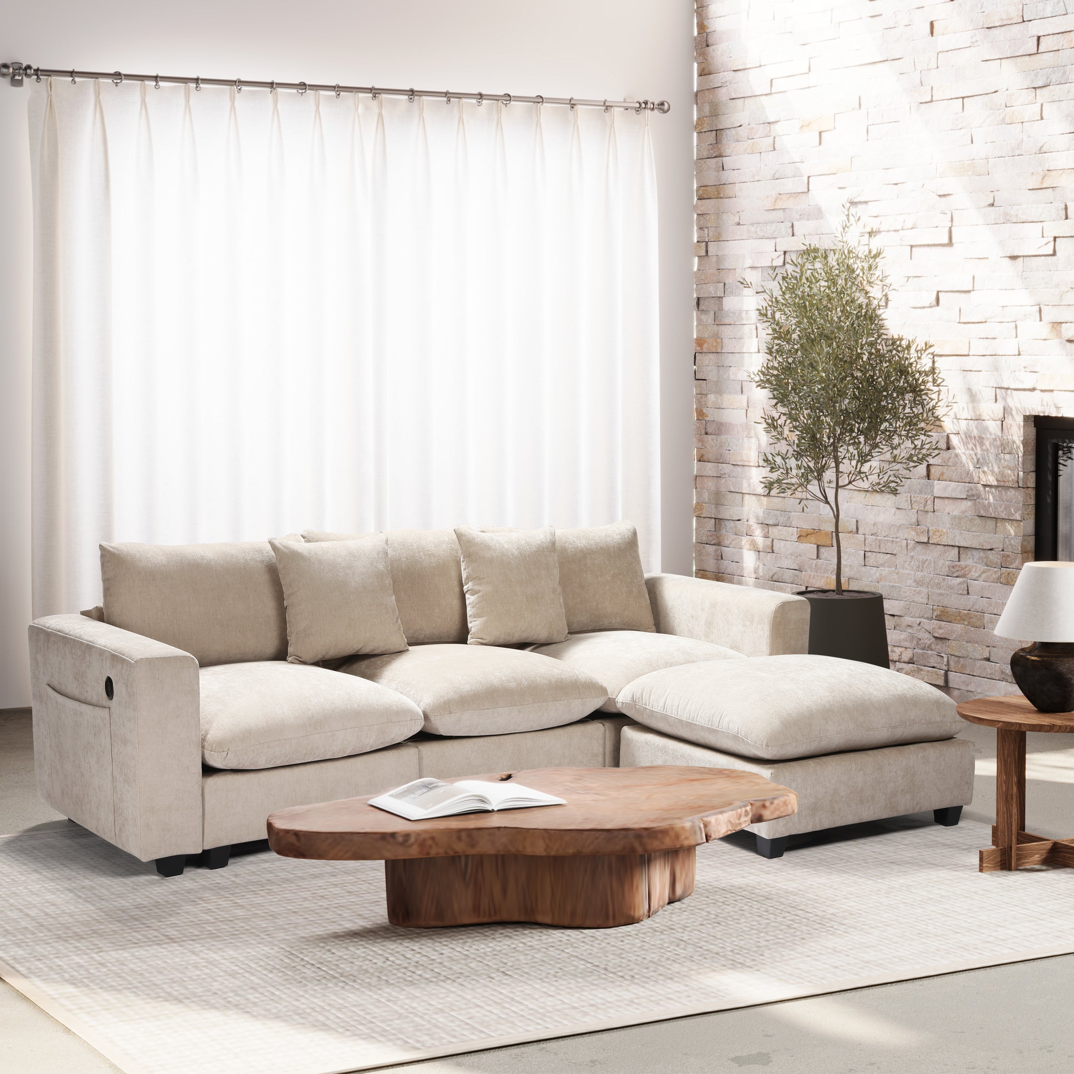 Springfield 99" Modular Chenille L-Shaped Sectional Sofa and Chaise With USB/Type-C Ports and Side Pockets