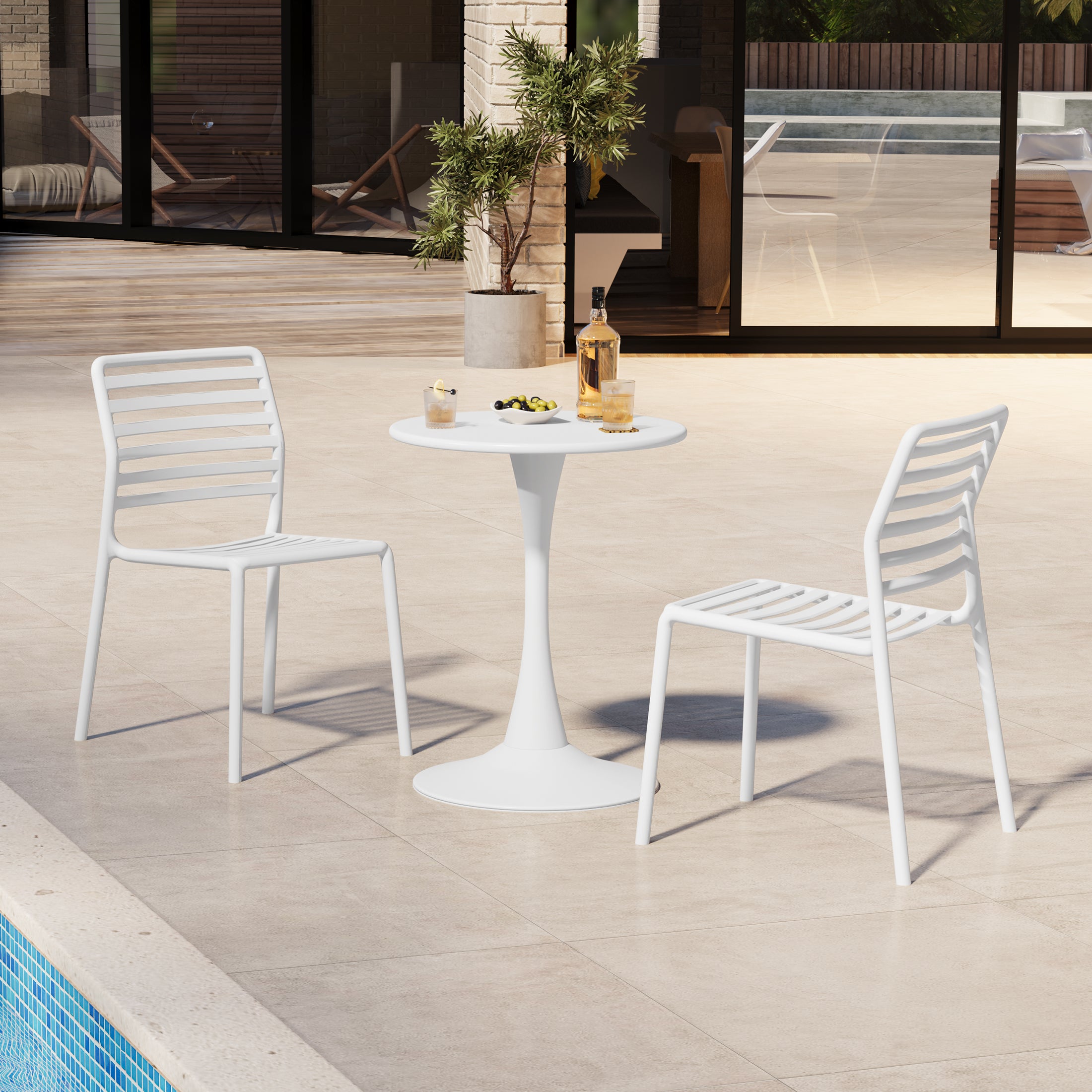 Sunshine 3-Piece Outdoor Metal Round Dining Table Set With Stackable Resin Patio Dining Chairs