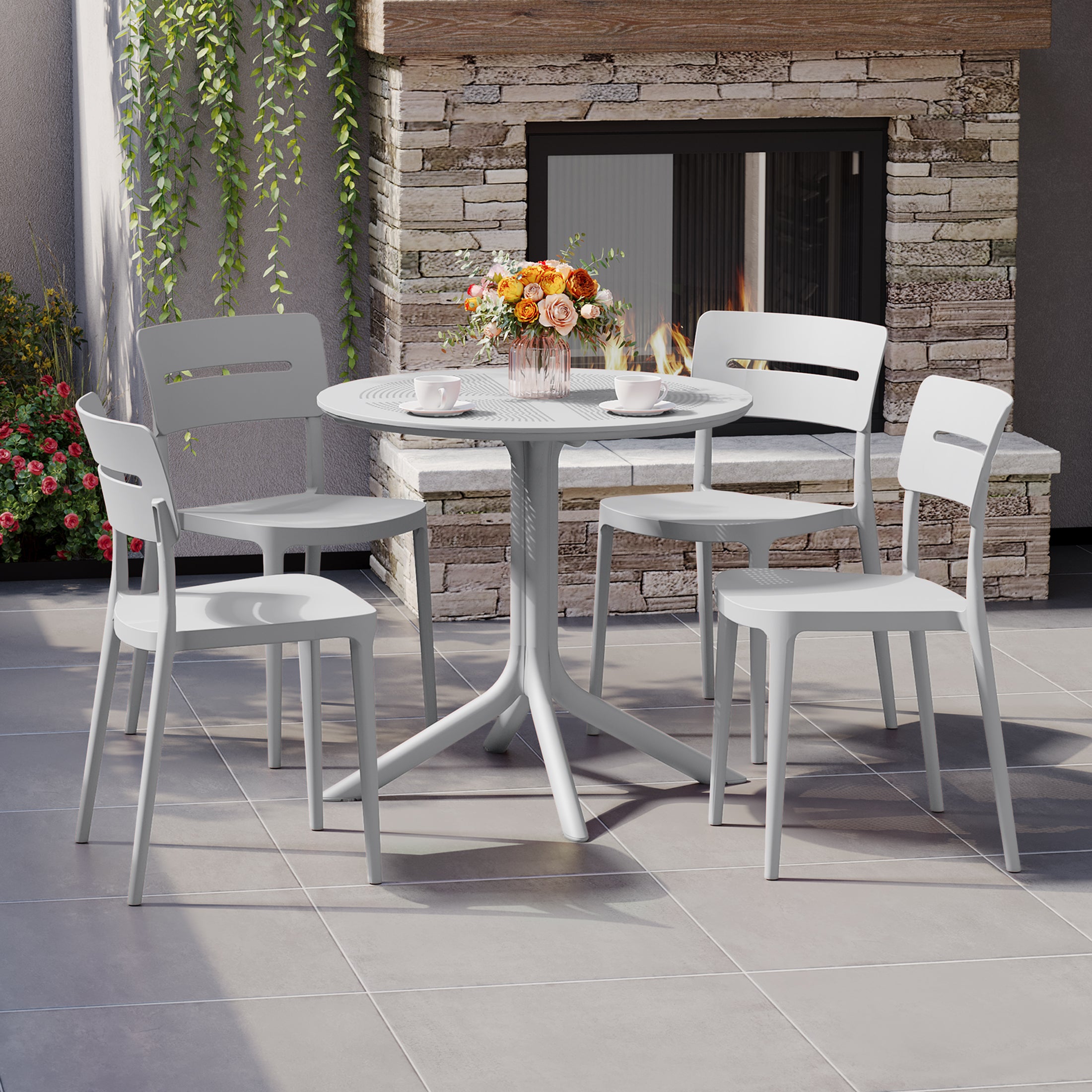 Sunshine Modern 5-Piece Resin Round Patio Dining Table Set with Stackable Patio Dining Chairs