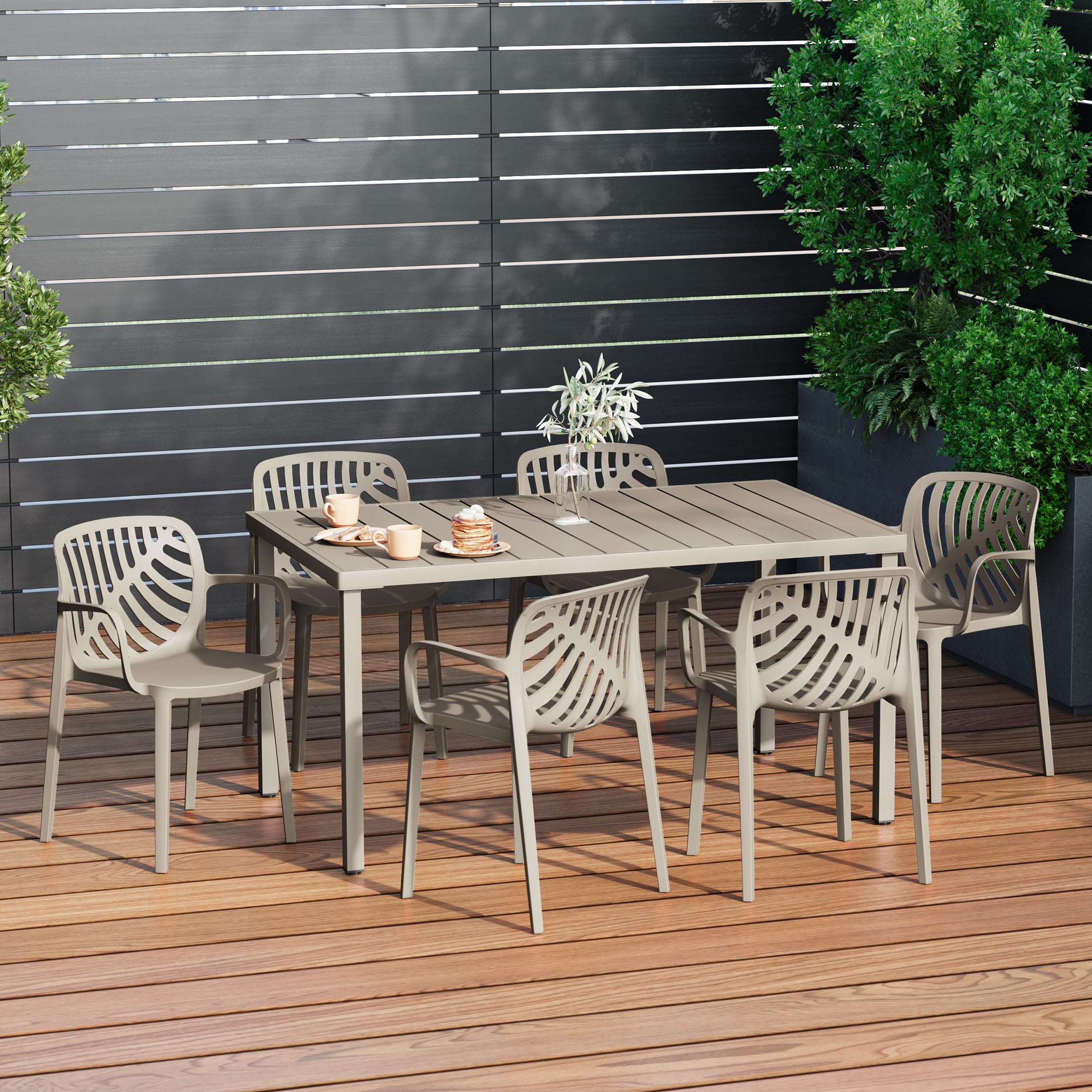 Sunshine 7-Piece Outdoor Metal Rectangle Patio Dining Table Set With Stackable Resin Patio Dining Chairs