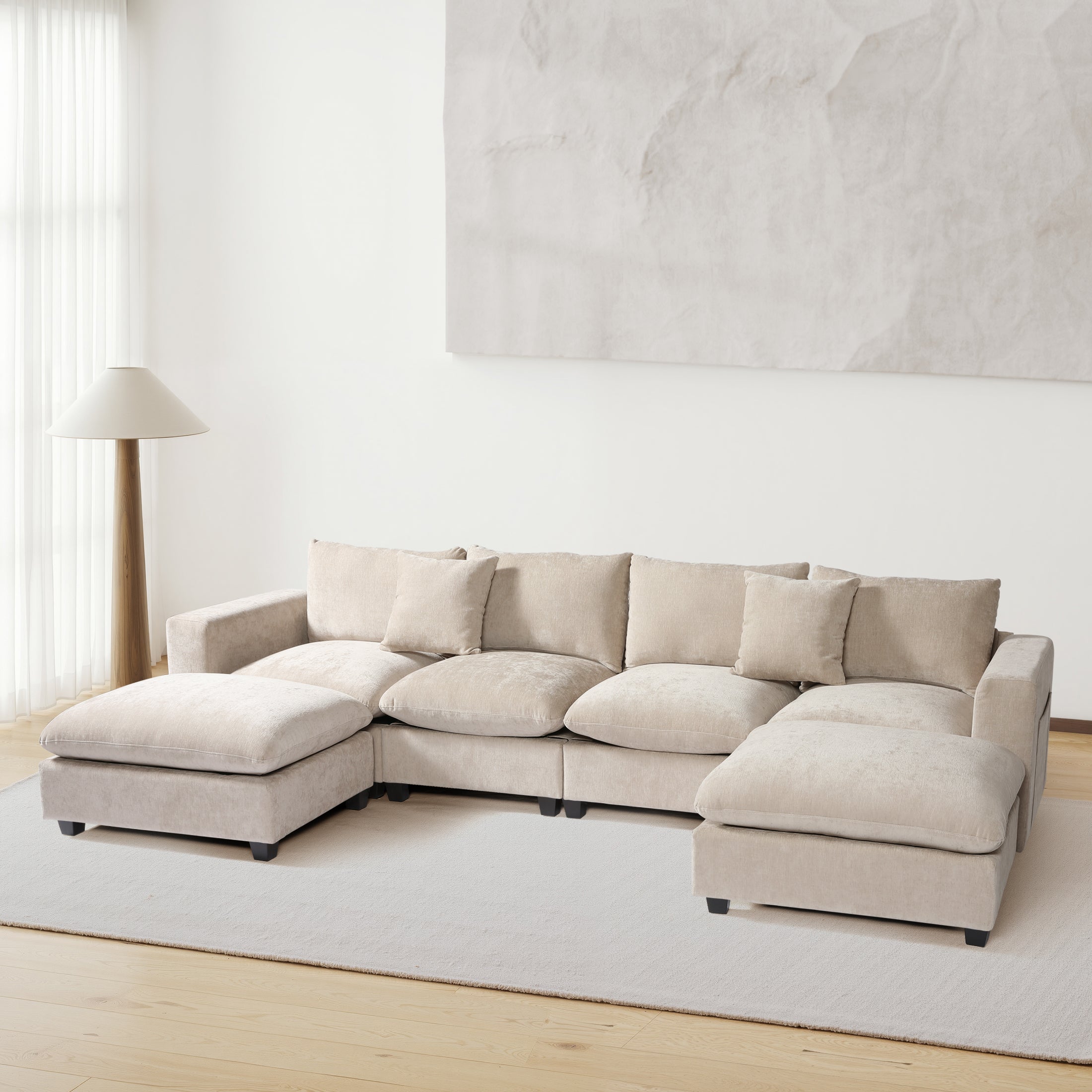 Springfield 128" Chenille Modular U-Shaped Sectional Couch and Chaise With USB/Type-C Ports and Side Pockets