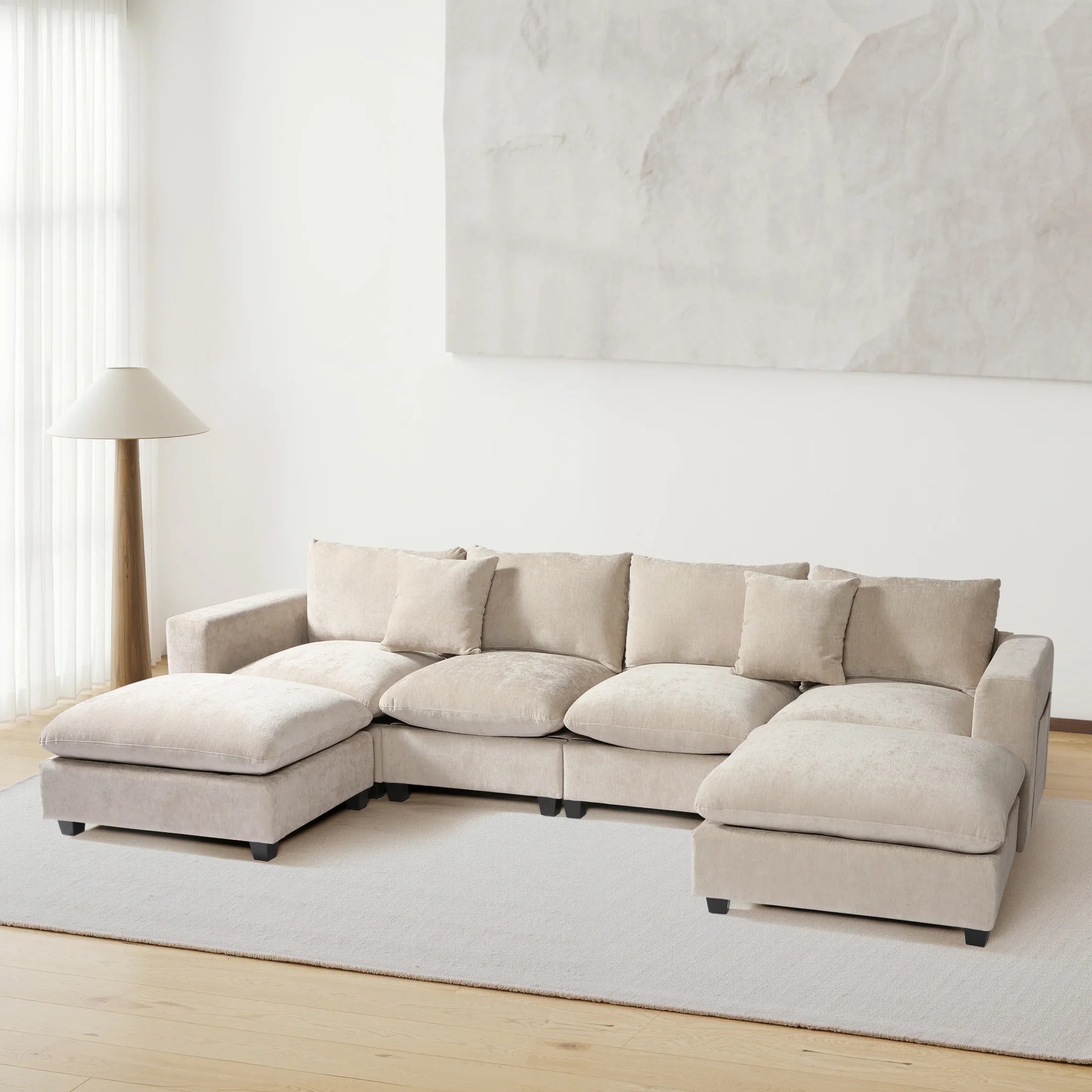 Springfield 128" Chenille Modular U-Shaped Sectional Couch and Chaise With USB/Type-C Ports and Side Pockets