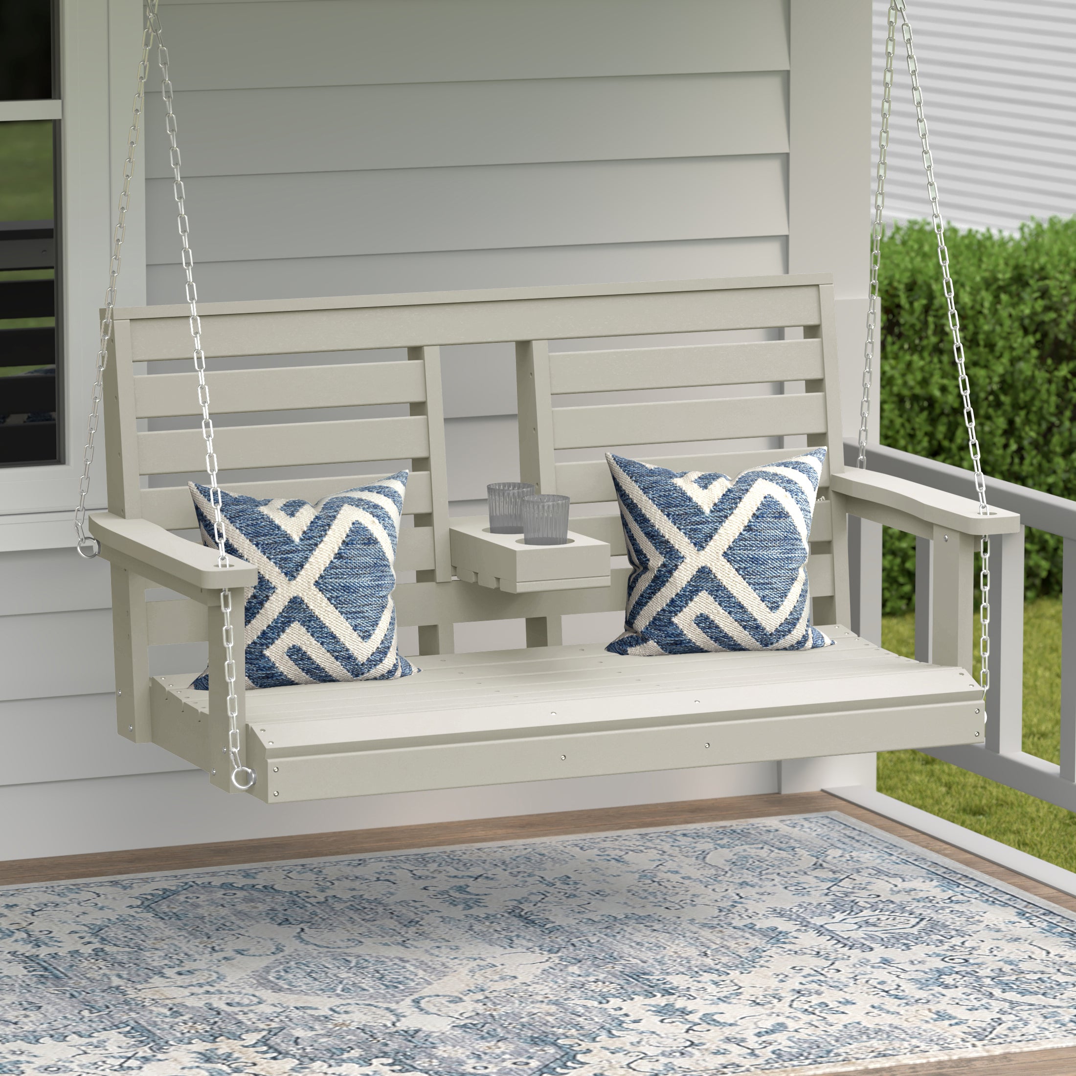 Charleston Outdoor HDPE 54" Front Hanging Porch Swing Bench With Cupholders