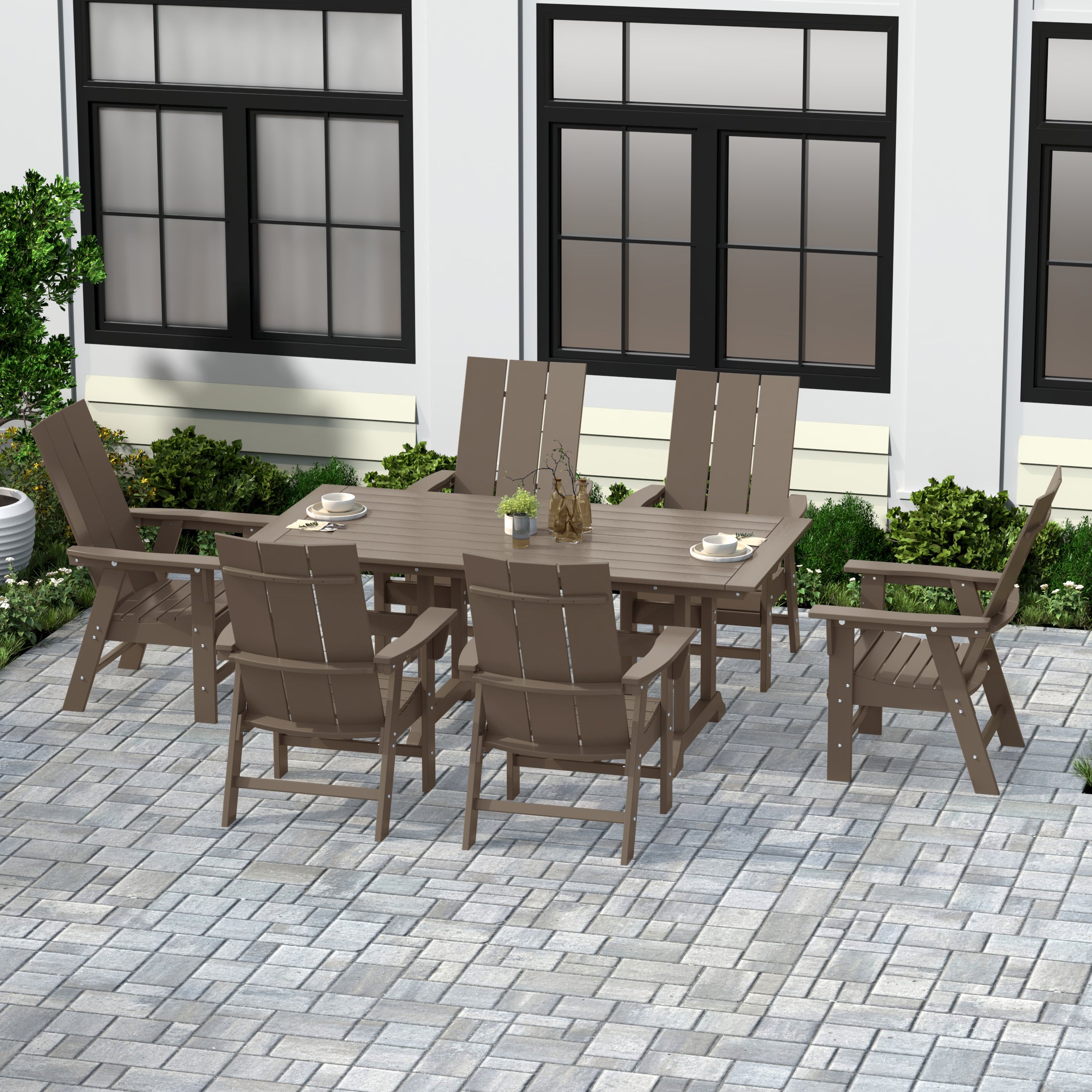Palms 7 Piece Outdoor Patio Dining Table and Modern Adirondack Armchair Set