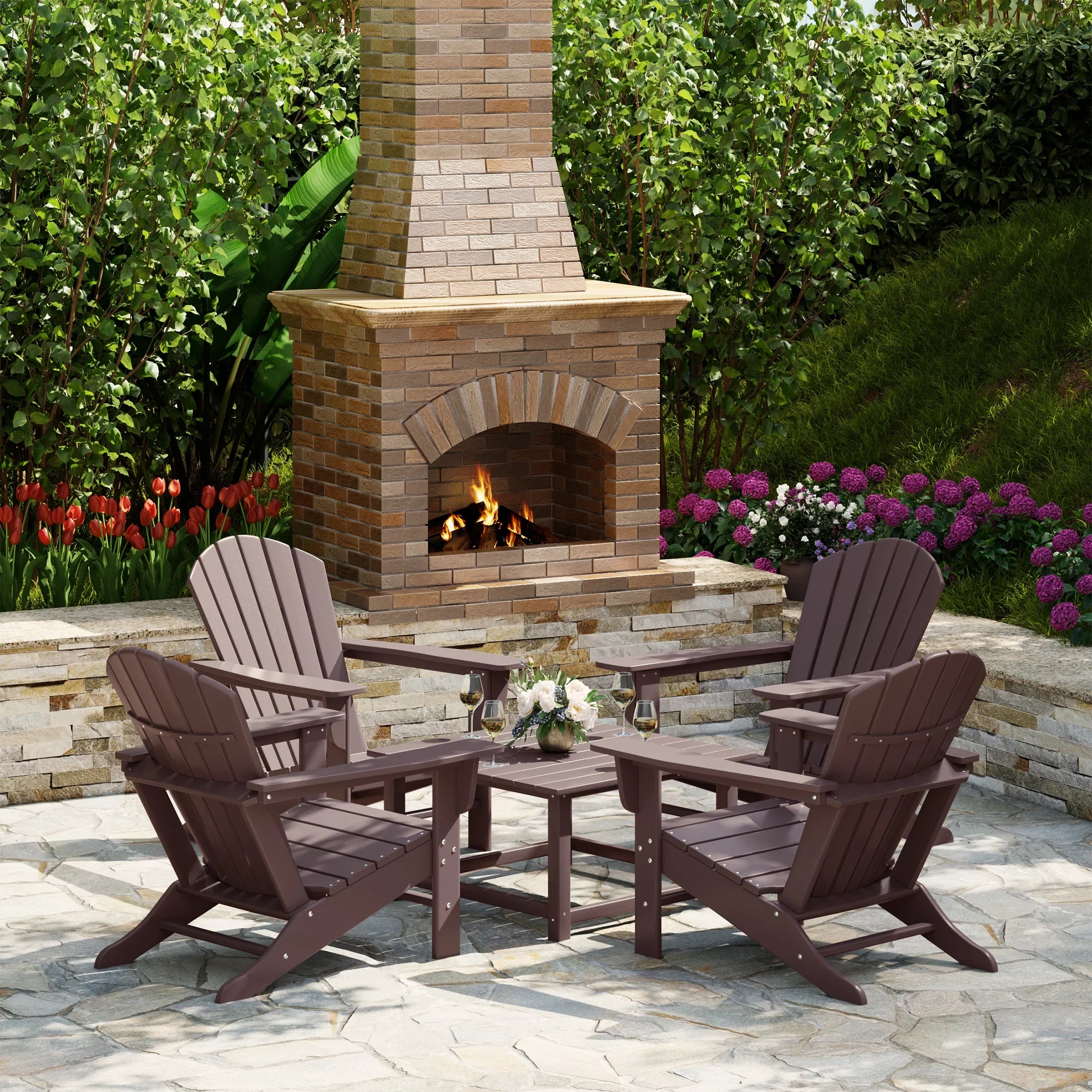Portside 5-Piece Outdoor Patio HDPE Adirondack Chair With Square Coffee Table Conversation Set
