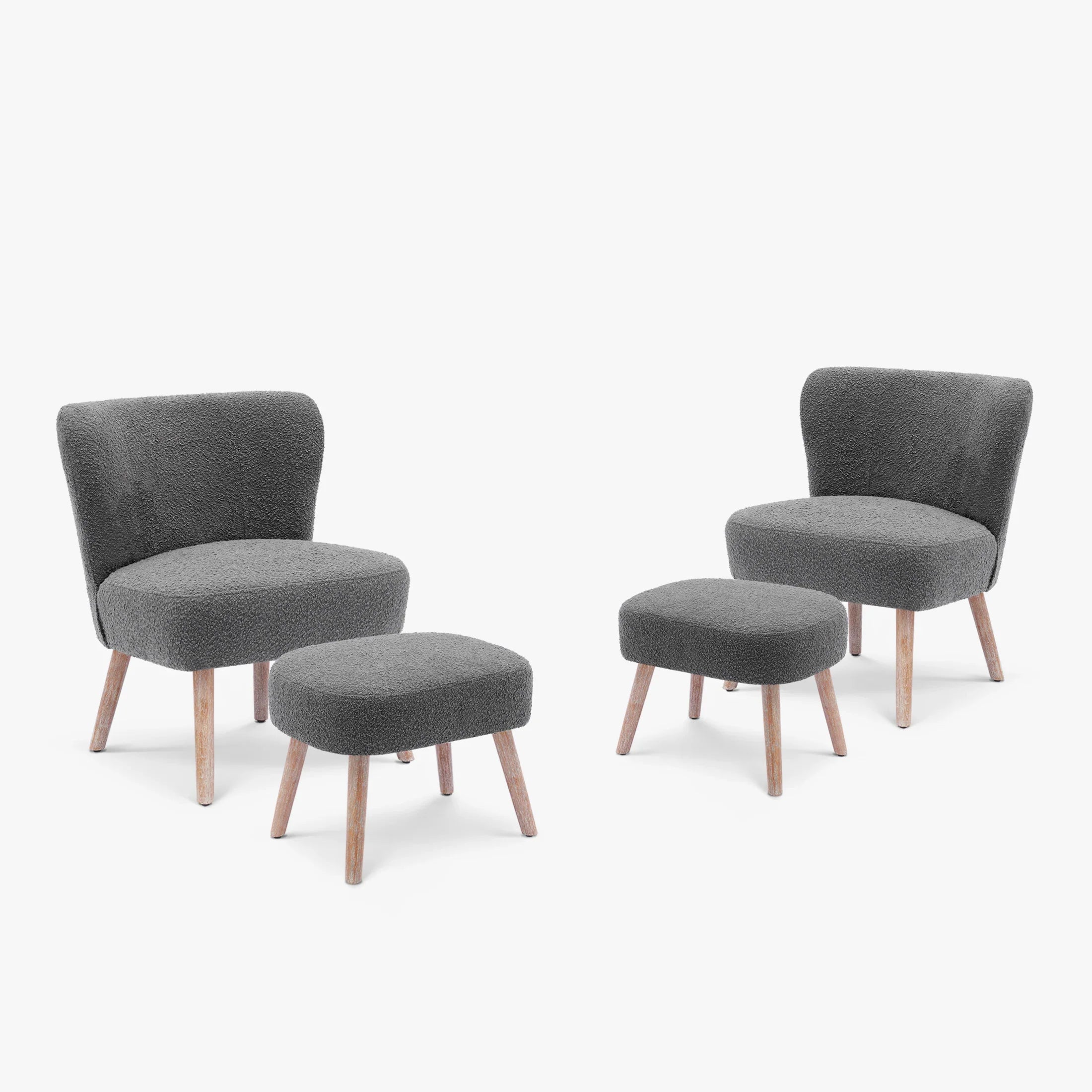 Amélie 4-Piece Set Mid-Century Boucle Accent Chairs with Ottoman Foot Stools