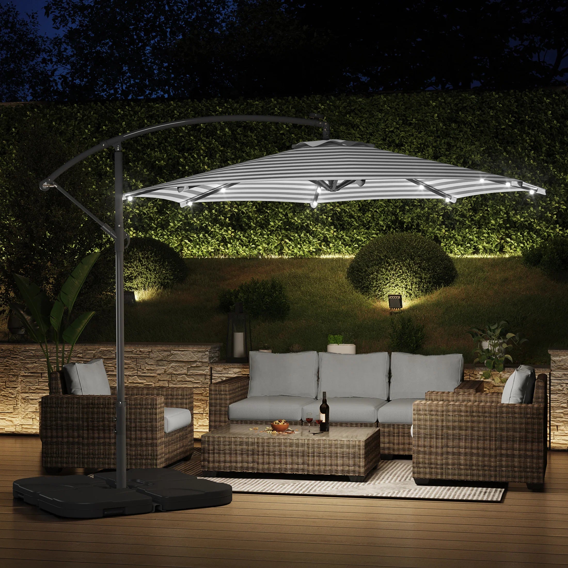 Westlake 10 ft. Outdoor / Paito Cantilever Hanging Umbrella with Solar Power LED lights and 50 lbs concrete weight base kit
