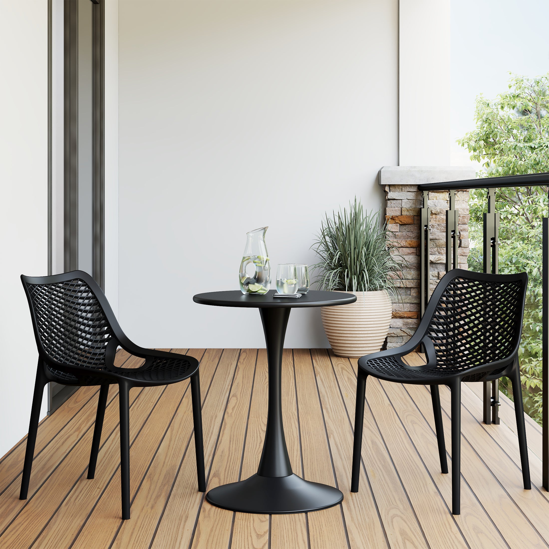 Sunshine 3-Piece Outdoor Round Metal Dining Table Set And Stackable Resin Patio Dining Side Chairs