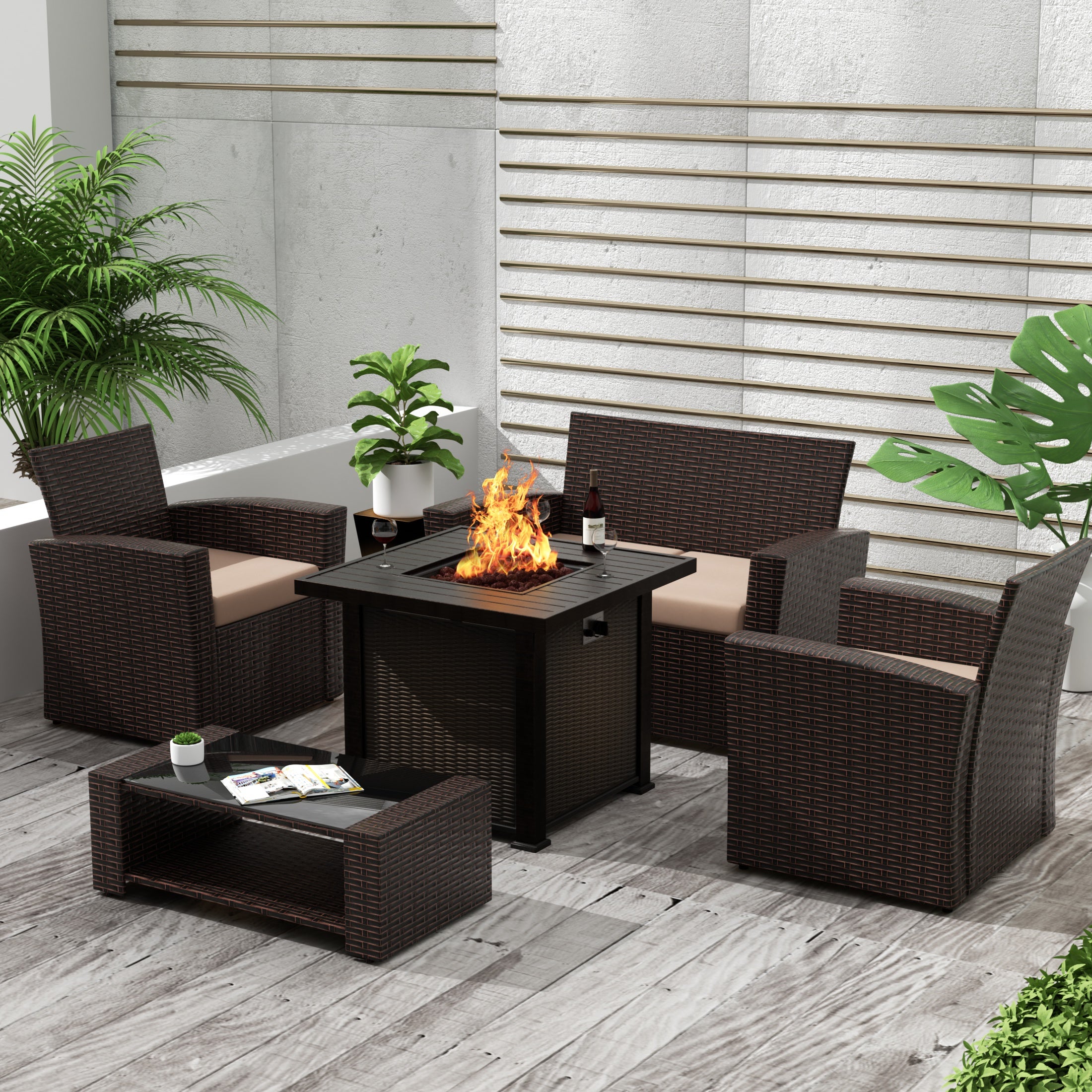 Wynston 4-Piece Conversation Outdoor Patio Sofa Set with Square Fire Pit Table, Chocolate