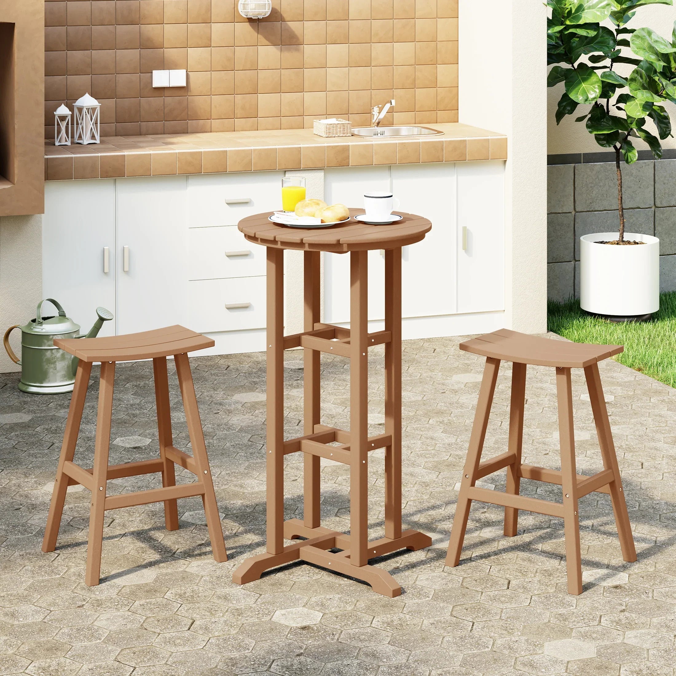 Paradise Outdoor Patio Bar Height Table and Bar Stool 3-Piece Dining Set