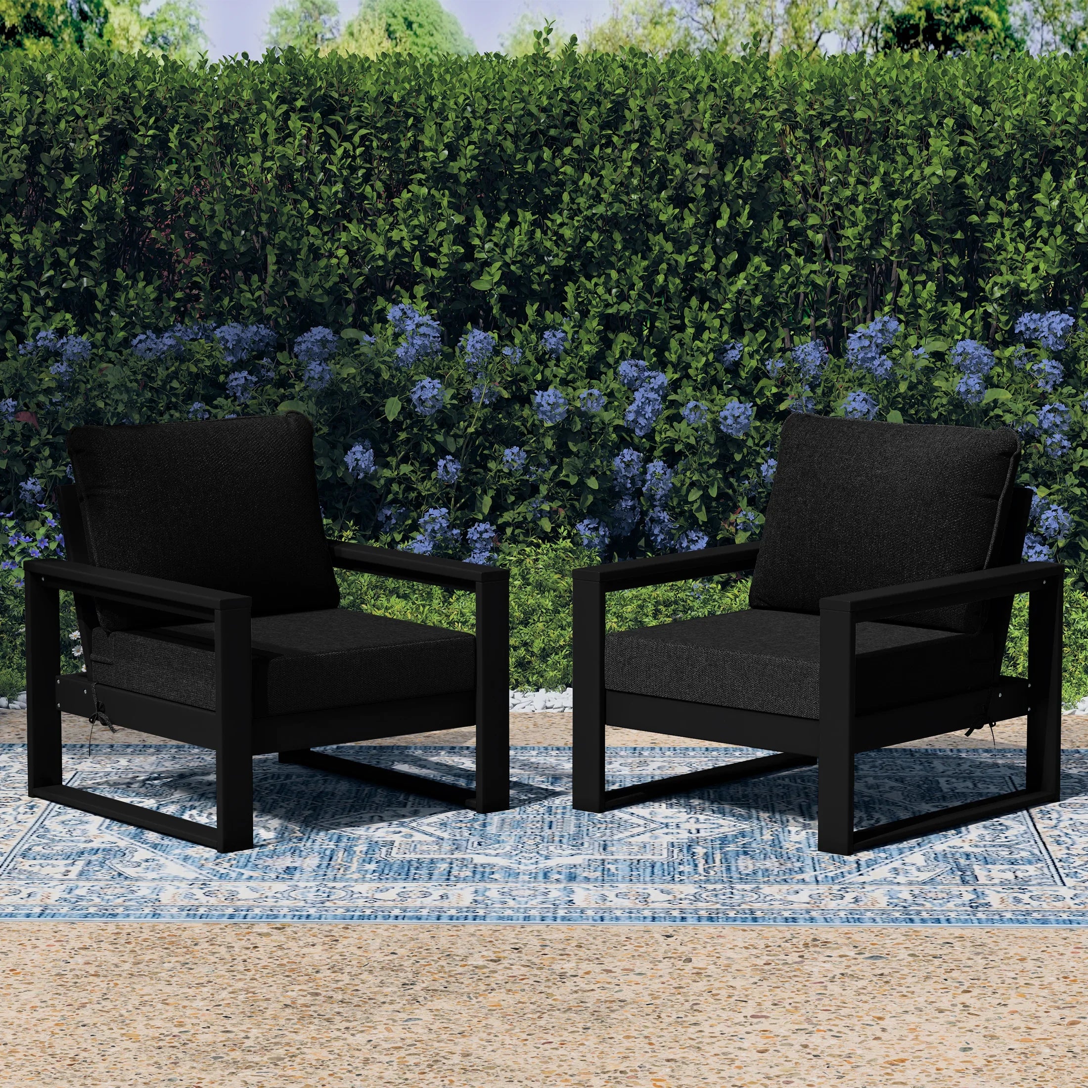 Rockaway Outdoor Modern HDPE Patio Club Chair with Waterproof Deep Seat Cushions (Set of 2)