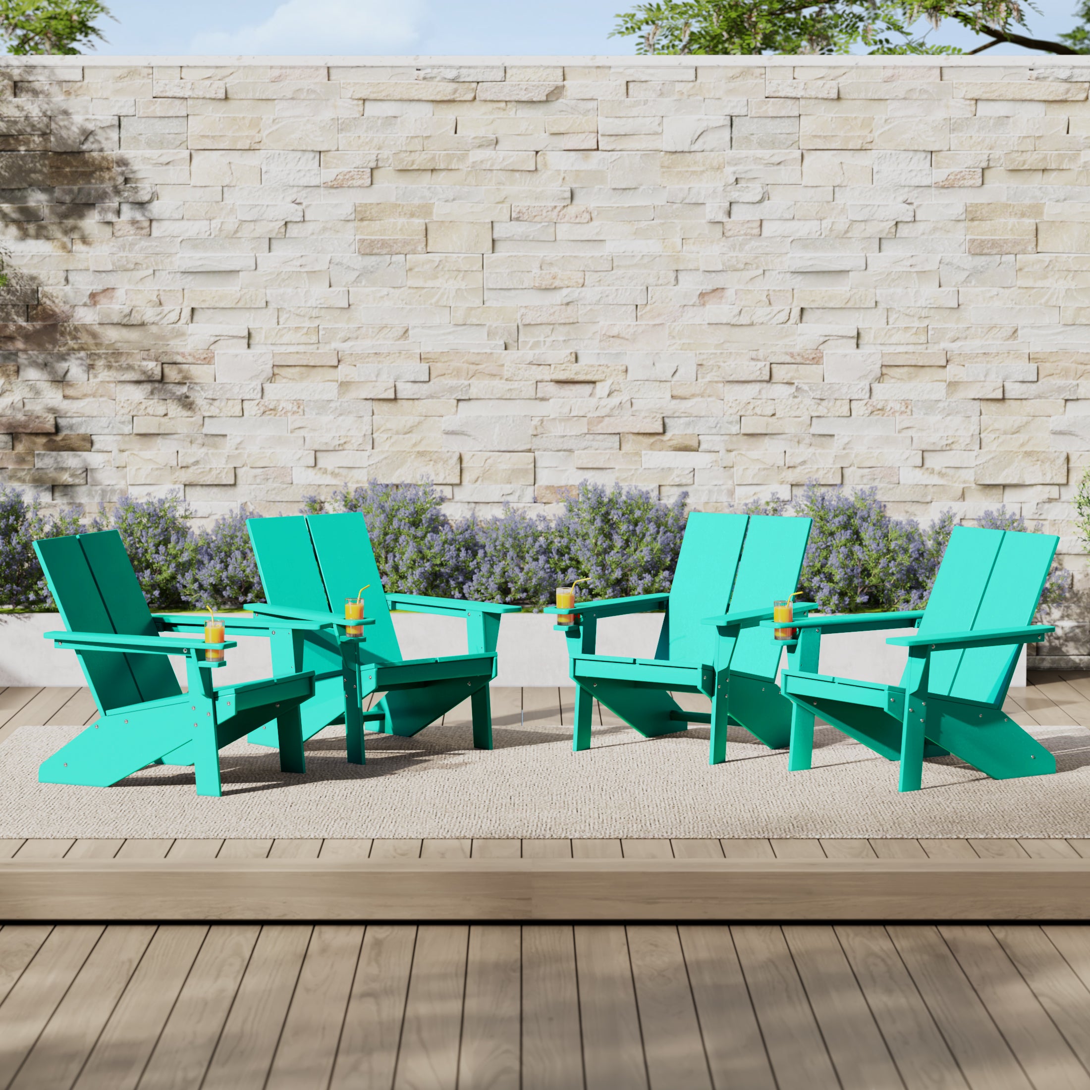 Seaview Outdoor HDPE Modern Adirondack Chair with Cup Holder (Set of 4)