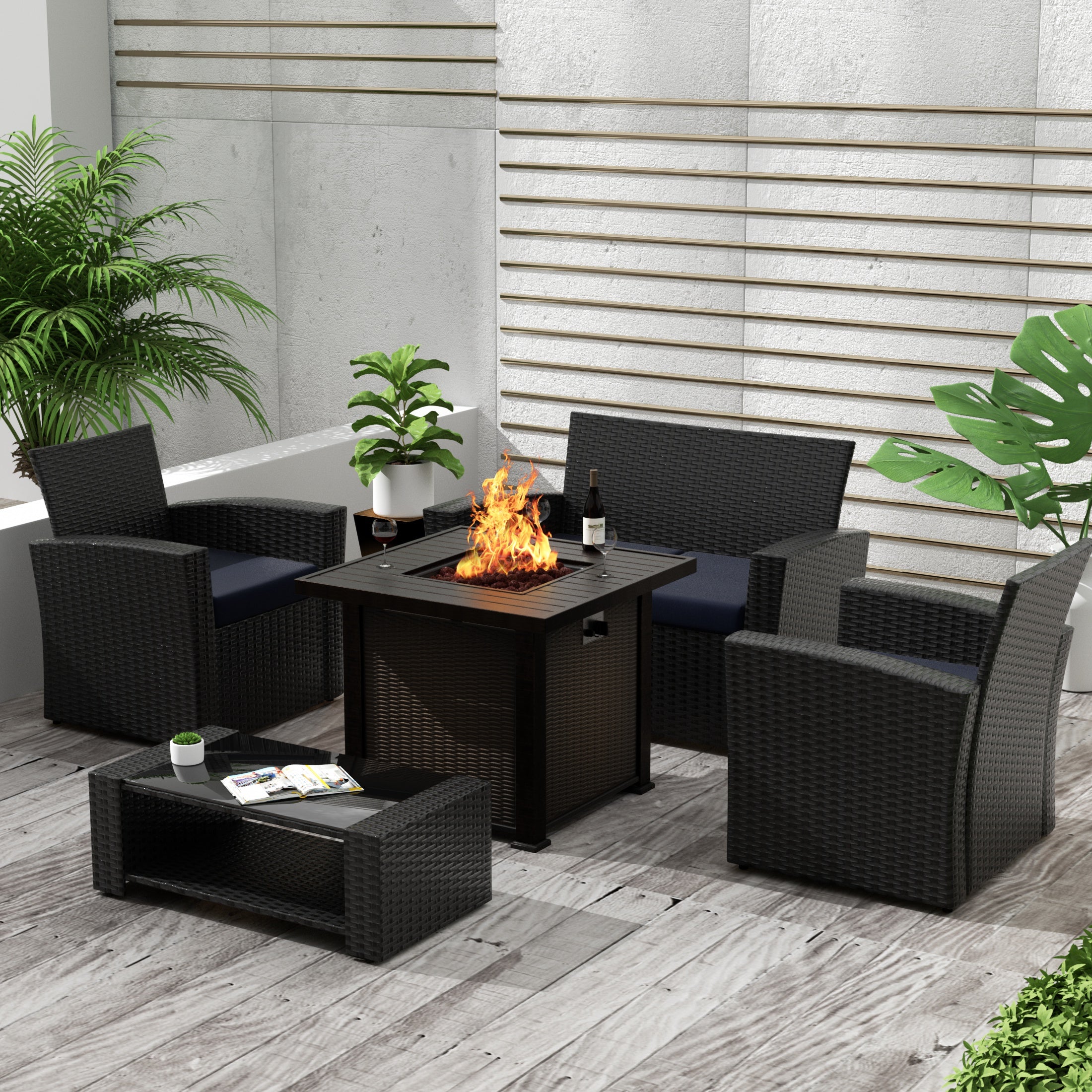 Wynston 4-Piece Conversation Outdoor Patio Sofa Set with Square Fire Pit Table