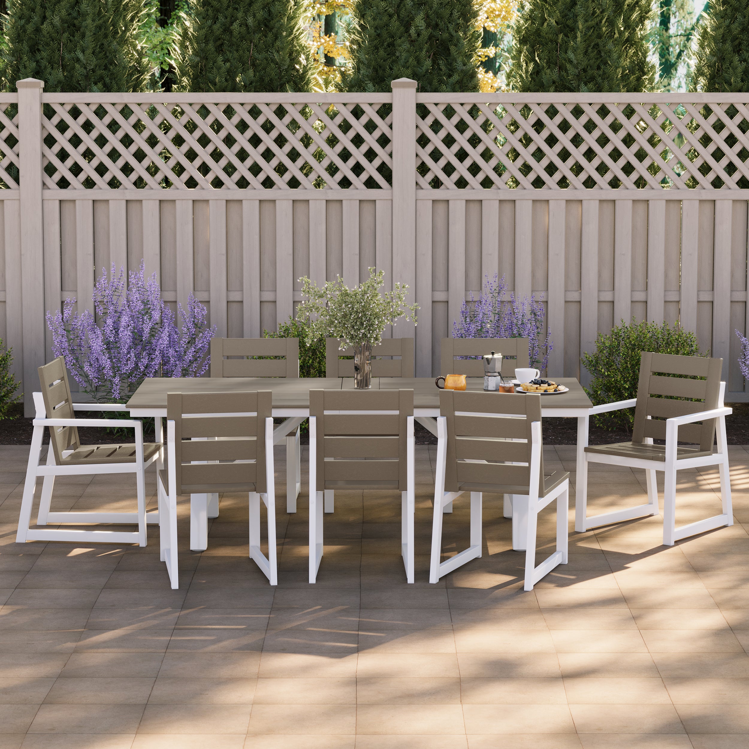Stinson 9-Piece HDPE Outdoor Furniture Patio Dining Table With Umbrella Hole and Chairs Set For 8