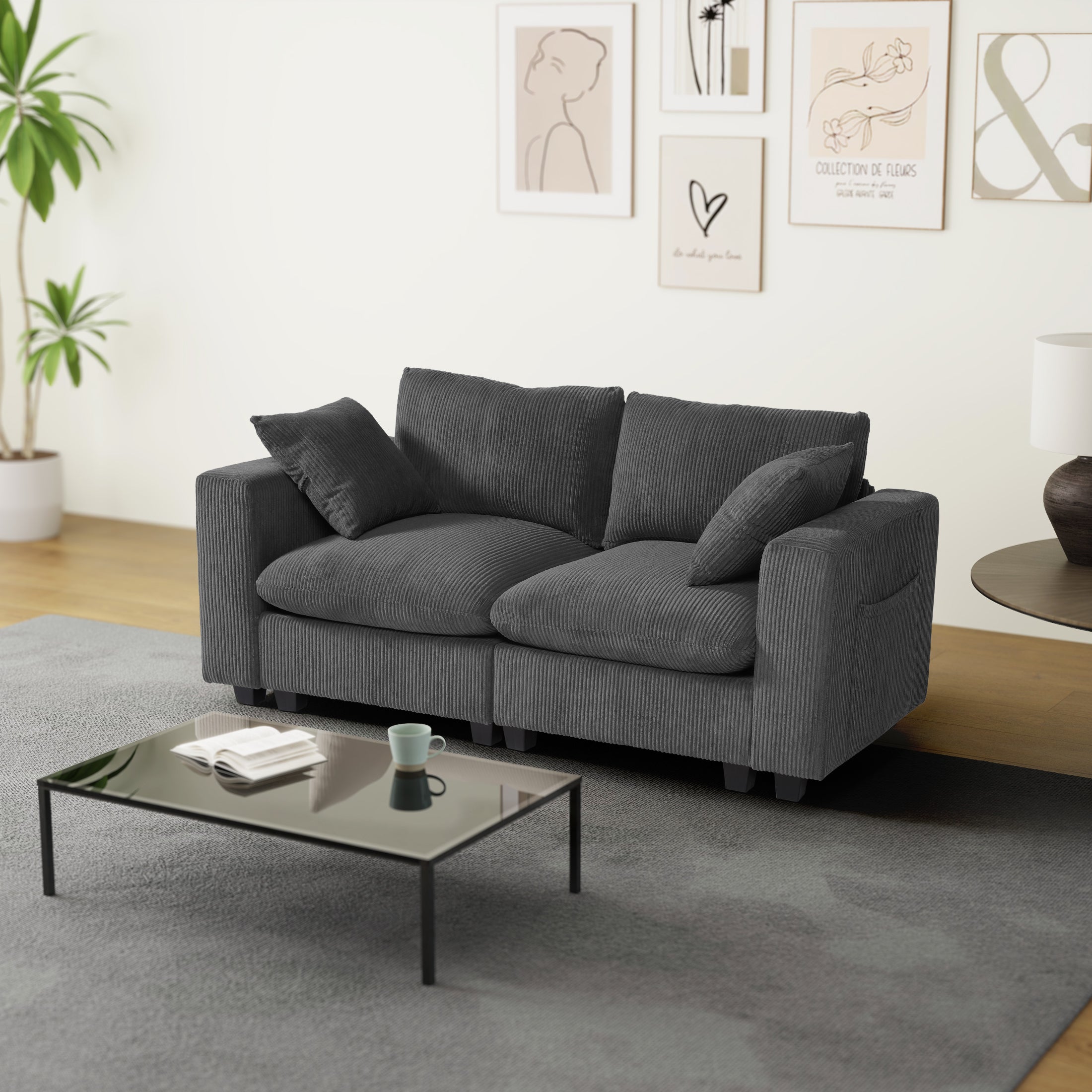 Ava 70" Modular Corduroy Loveseat Sofa With USB/Type-C Ports and Side Pockets