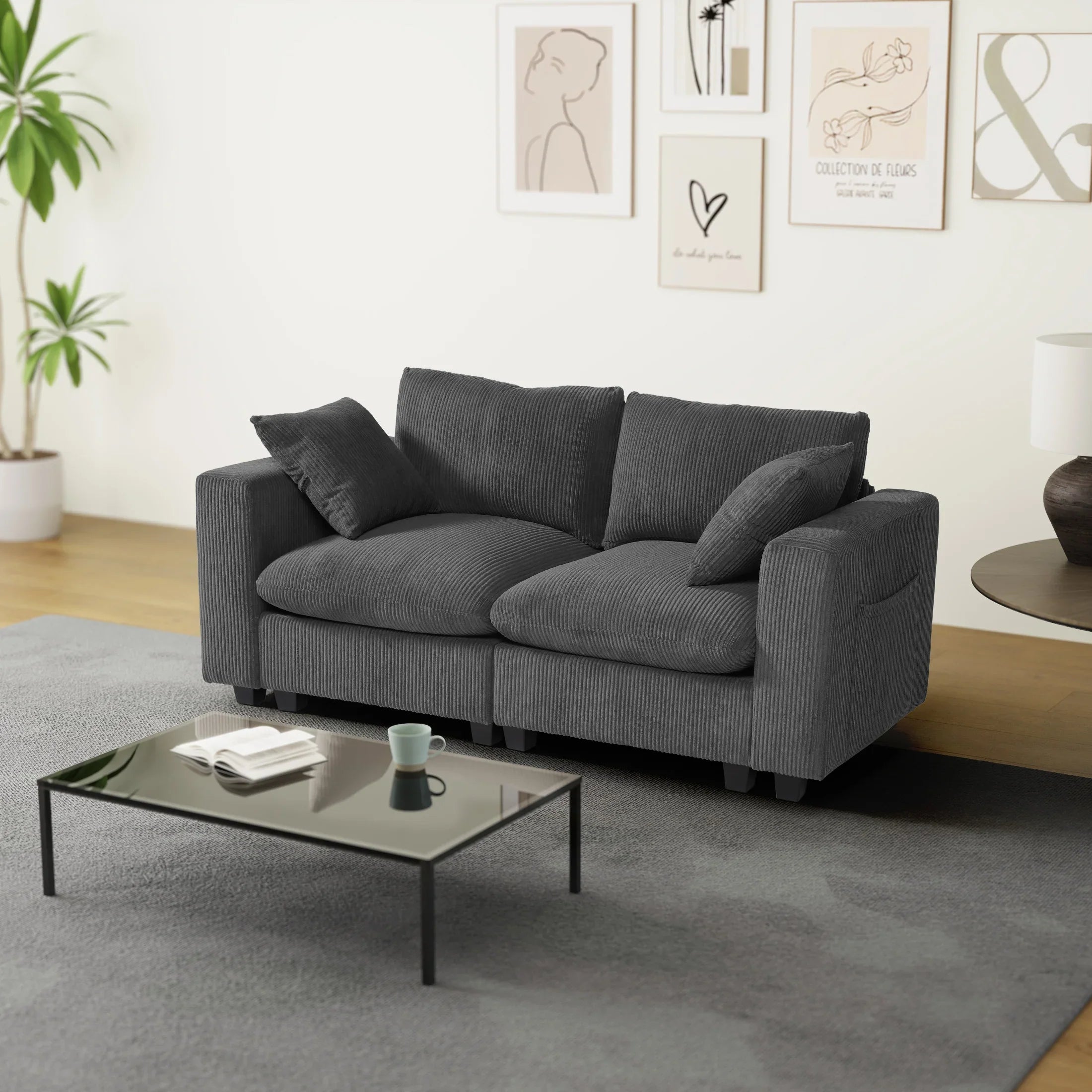 Ava 70" Modular Corduroy Loveseat Sofa With USB/Type-C Ports and Side Pockets