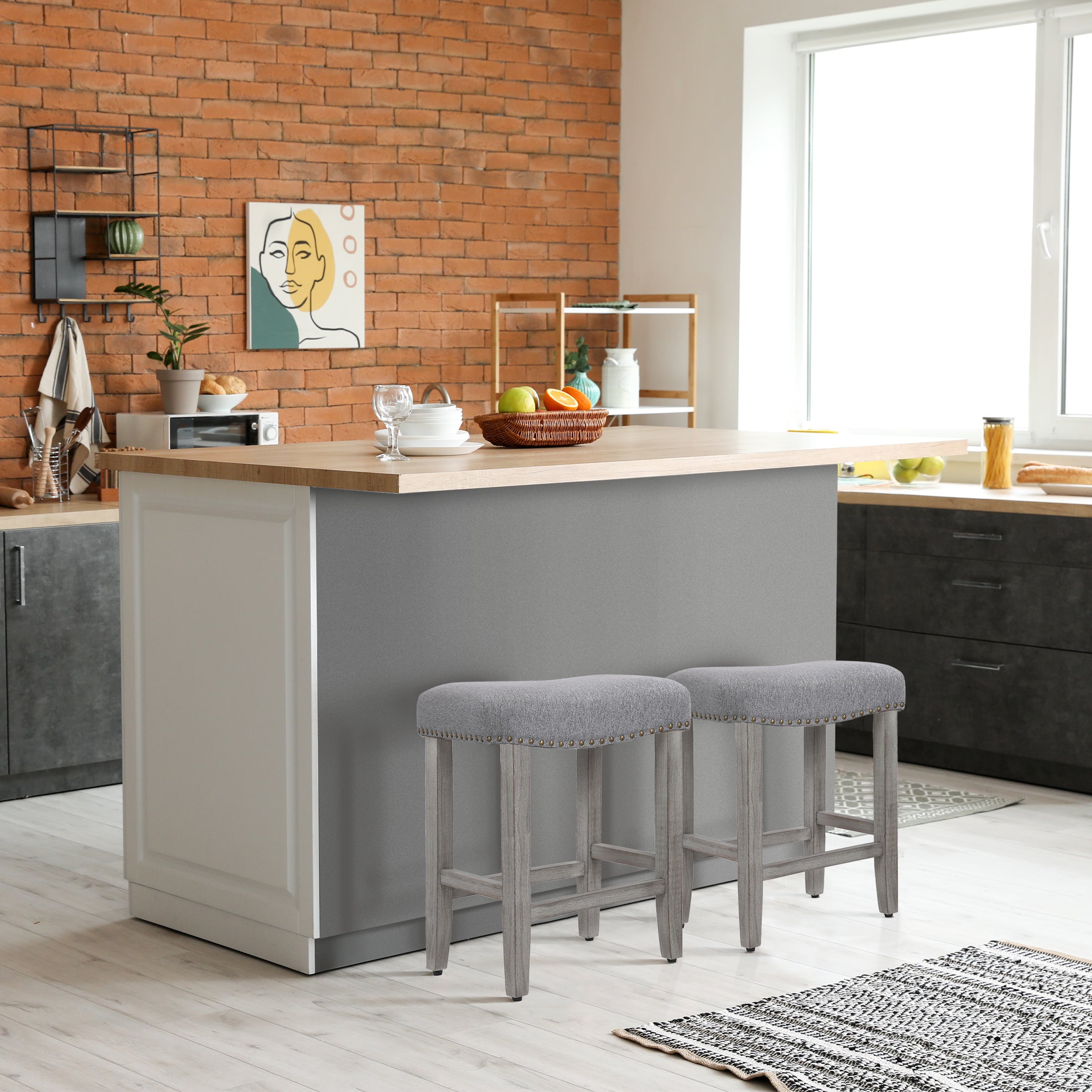 Bulmon 24" upholstered nail head bar counter stools with Gray color legs (2 piece set)