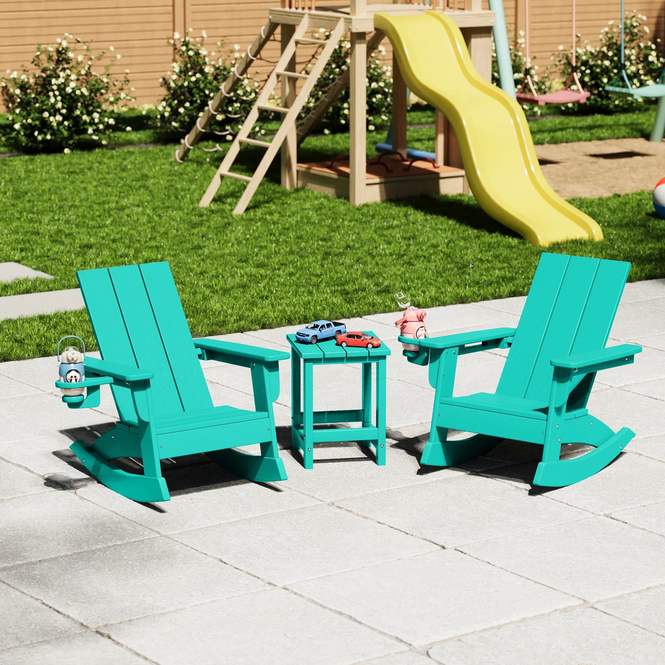 Palms 3-Piece Kids Modern Rocking Chair With Cup Holder and Square Side Table Set