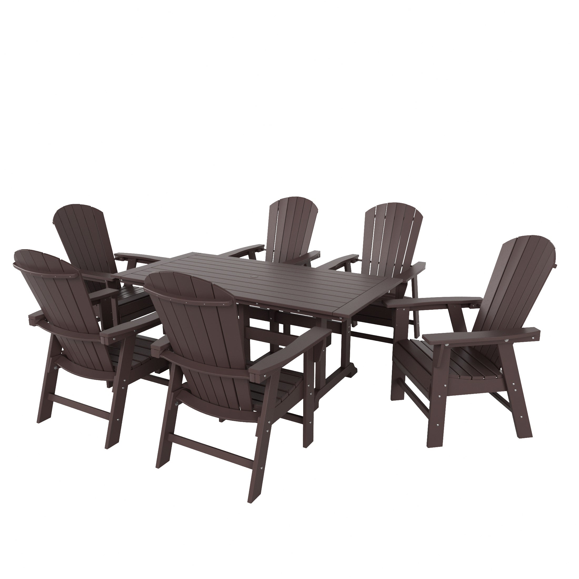 Portside 7 Piece Outdoor Patio Dining Table and Adirondack Armchair Set