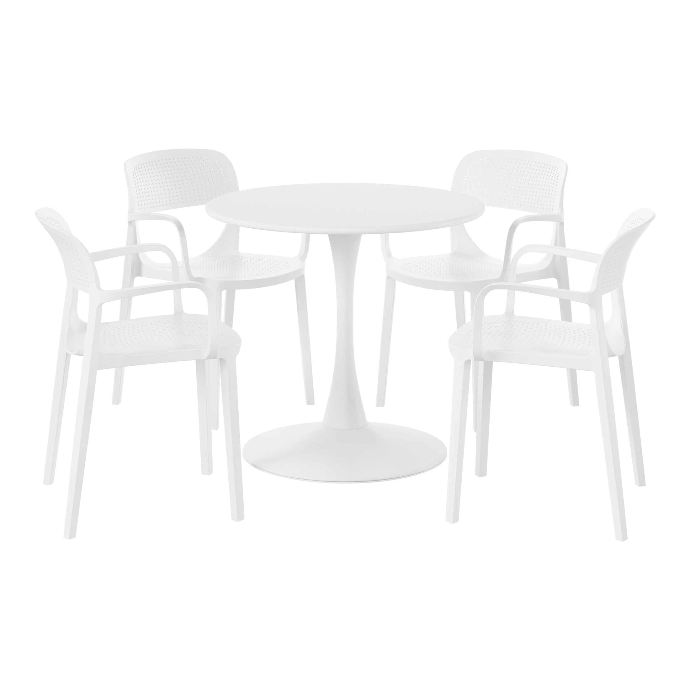 Sunshine 5-Piece Round Metal Bistro Dining Table Set And Stackable Resin Patio Dining Side Chairs