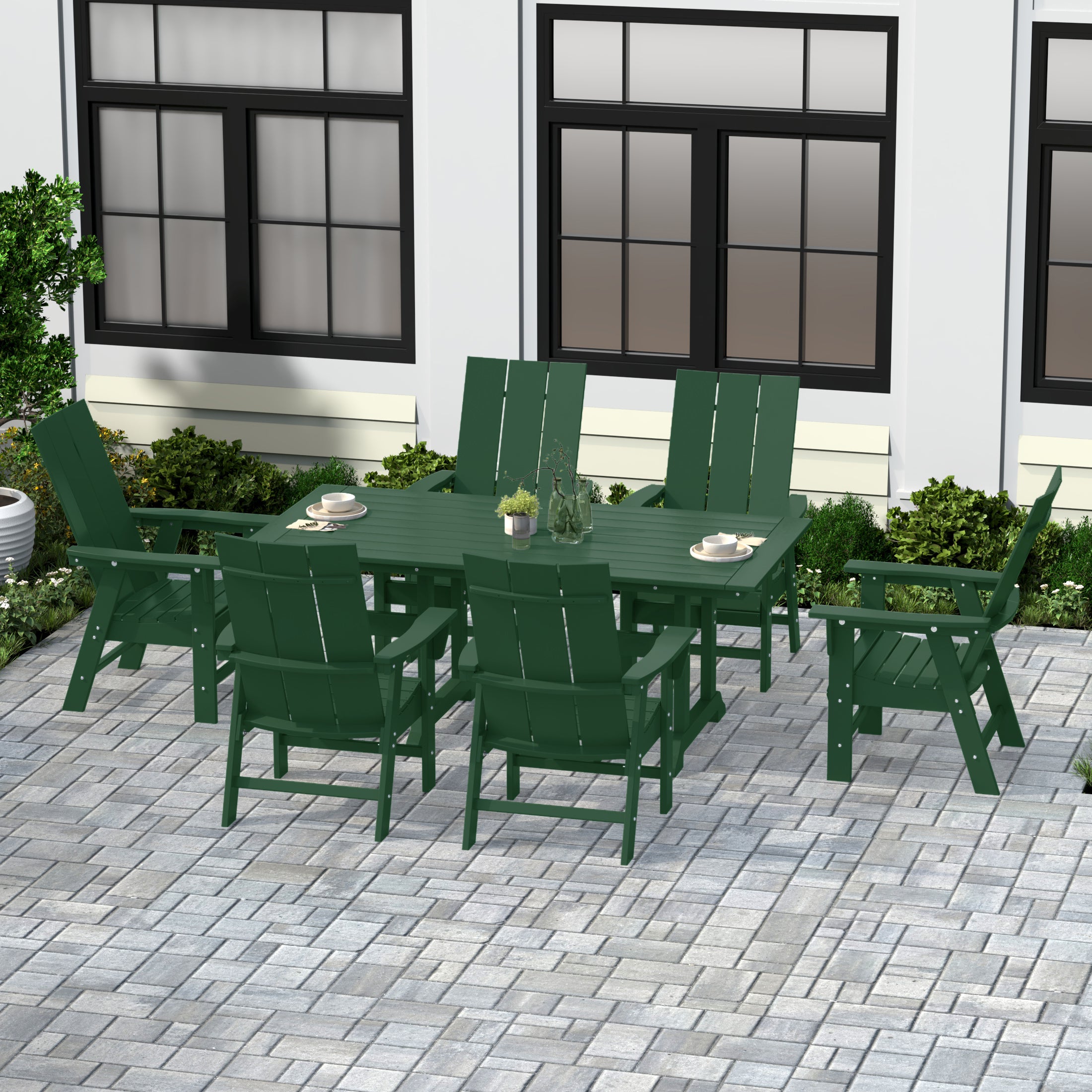 Palms 7 Piece Outdoor Patio Dining Table and Modern Adirondack Armchair Set