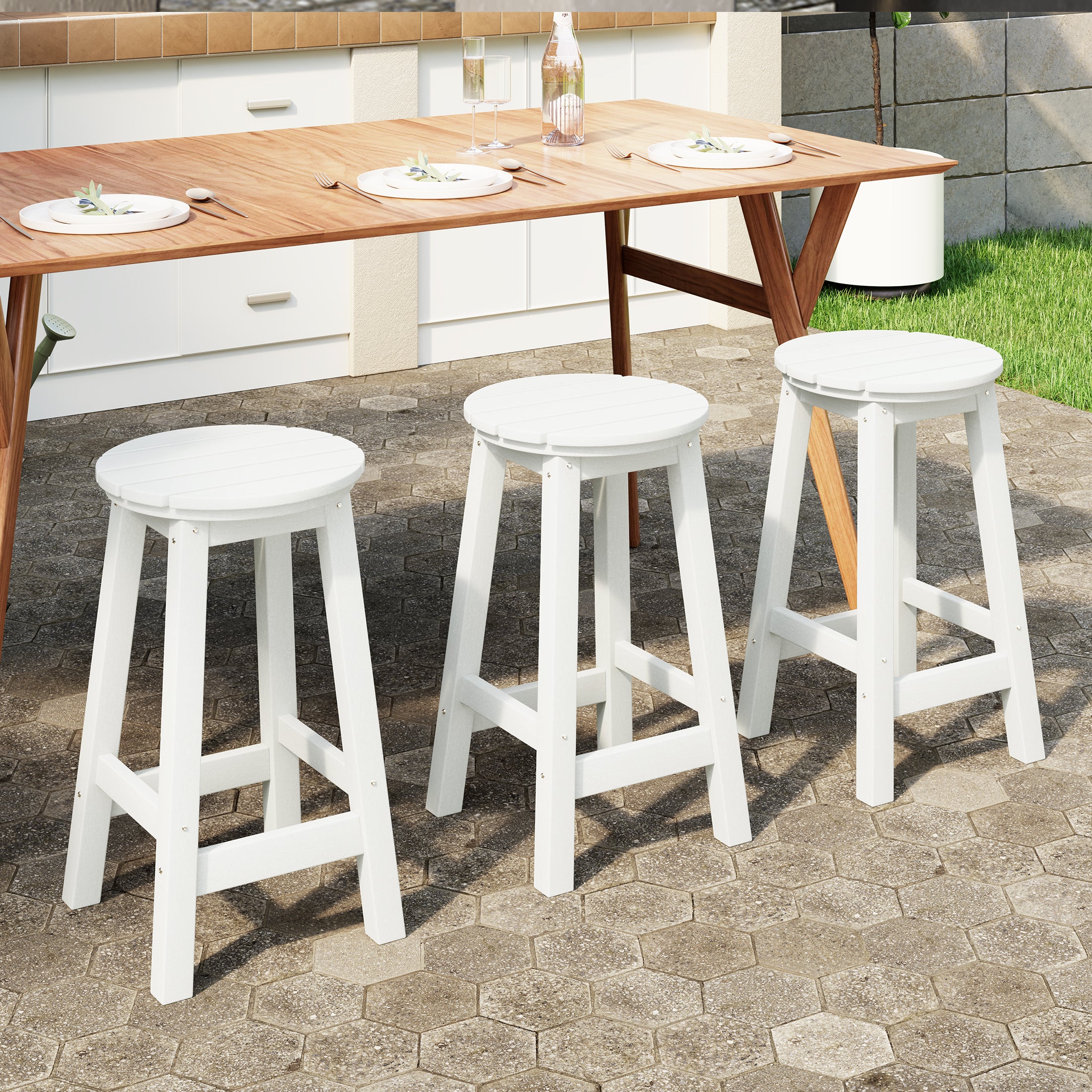 Paradise 24" HDPE Outdoor Patio Round Counter Height Bar Stool Set of 3
