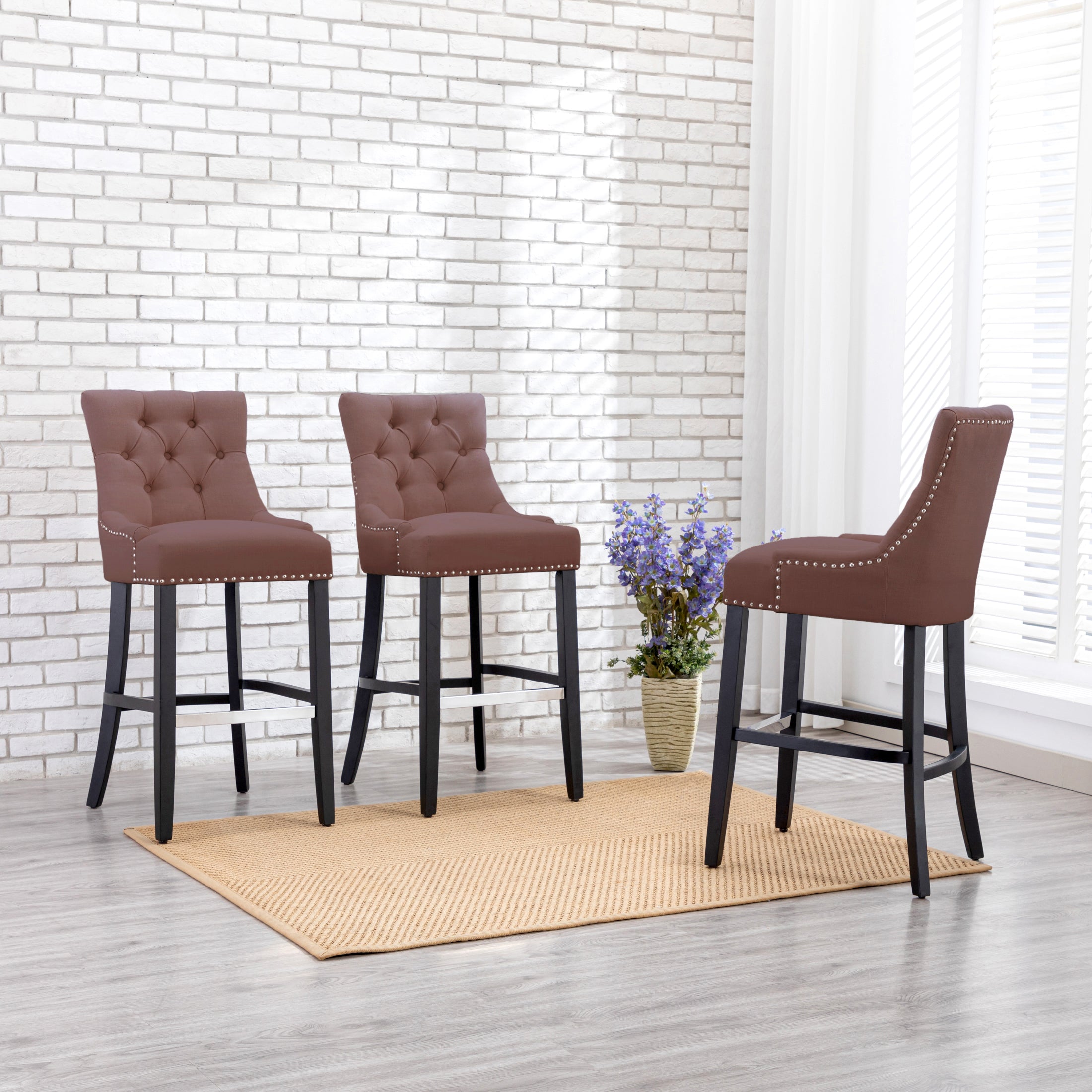 Bellmount 29" Upholstered Wood Bar Stool with Tufted Back (Set of 3)