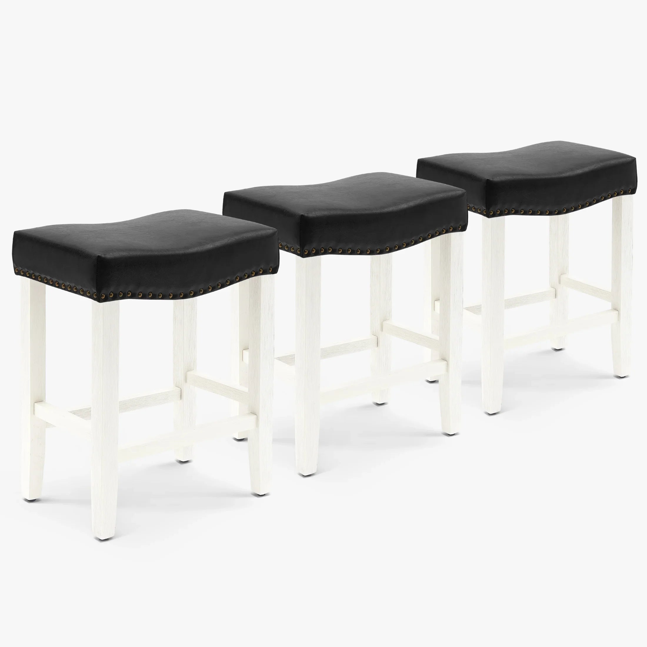 Bulmon 24" Upholstered Saddle Seat Antique White Counter Stool (Set of 3)
