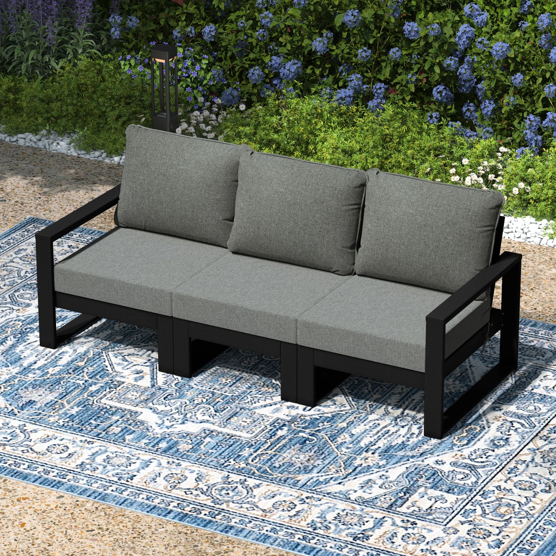 Rockaway Outdoor HDPE All-Weather Modern Deep Seating Patio Sofa with Waterproof Cushions