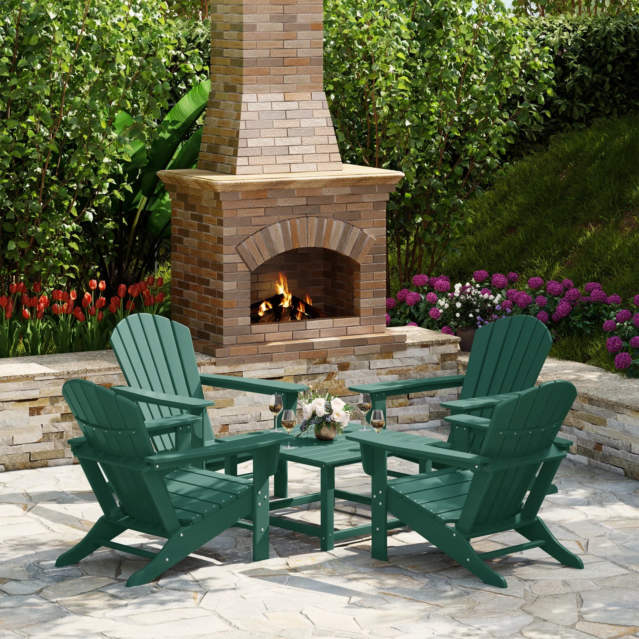 Portside 5-Piece Outdoor Patio HDPE Adirondack Chair With Square Coffee Table Conversation Set