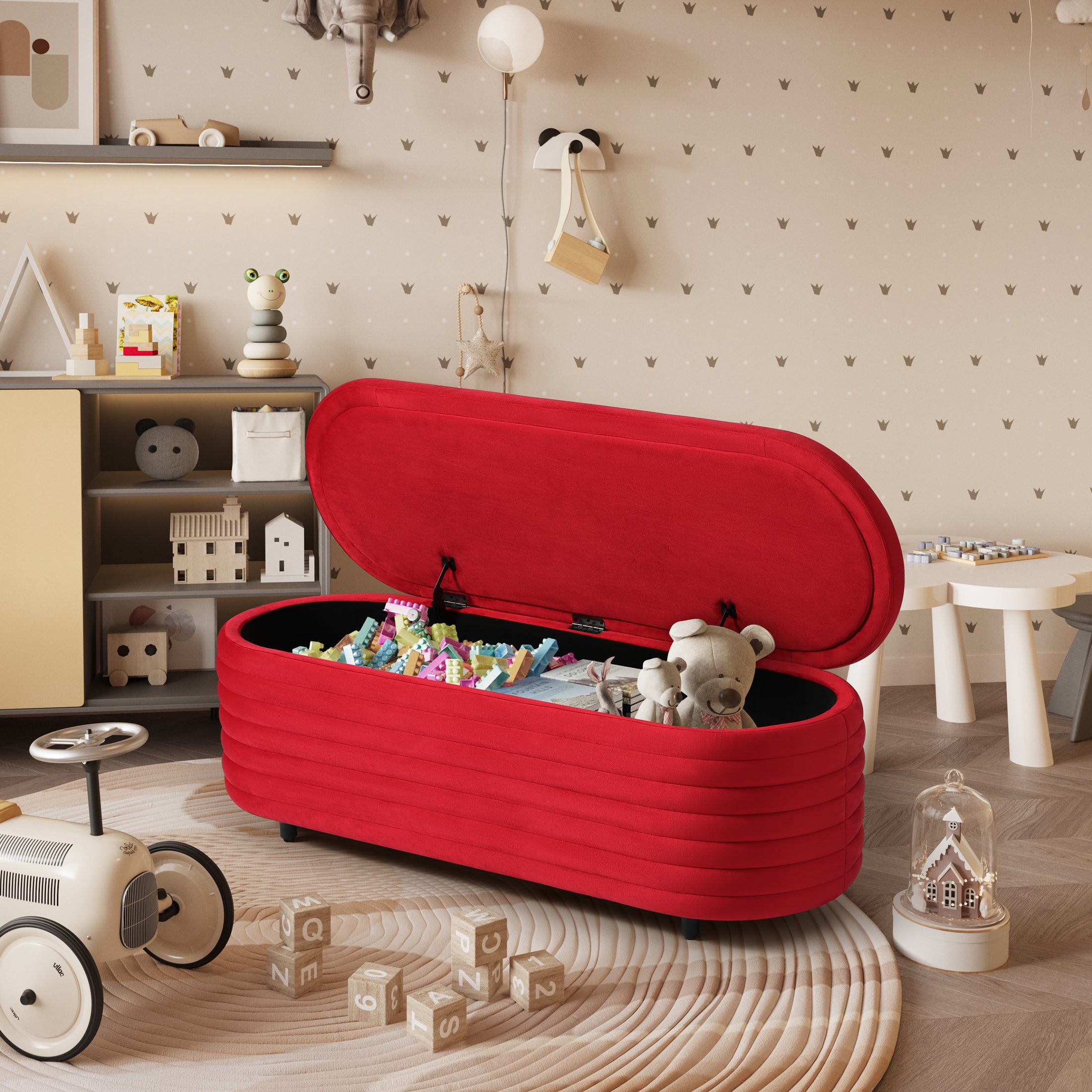 Alaia 54" Wide Mid-Century Modern Upholstered Velvet Tufted Oval Storage Ottoman Bench