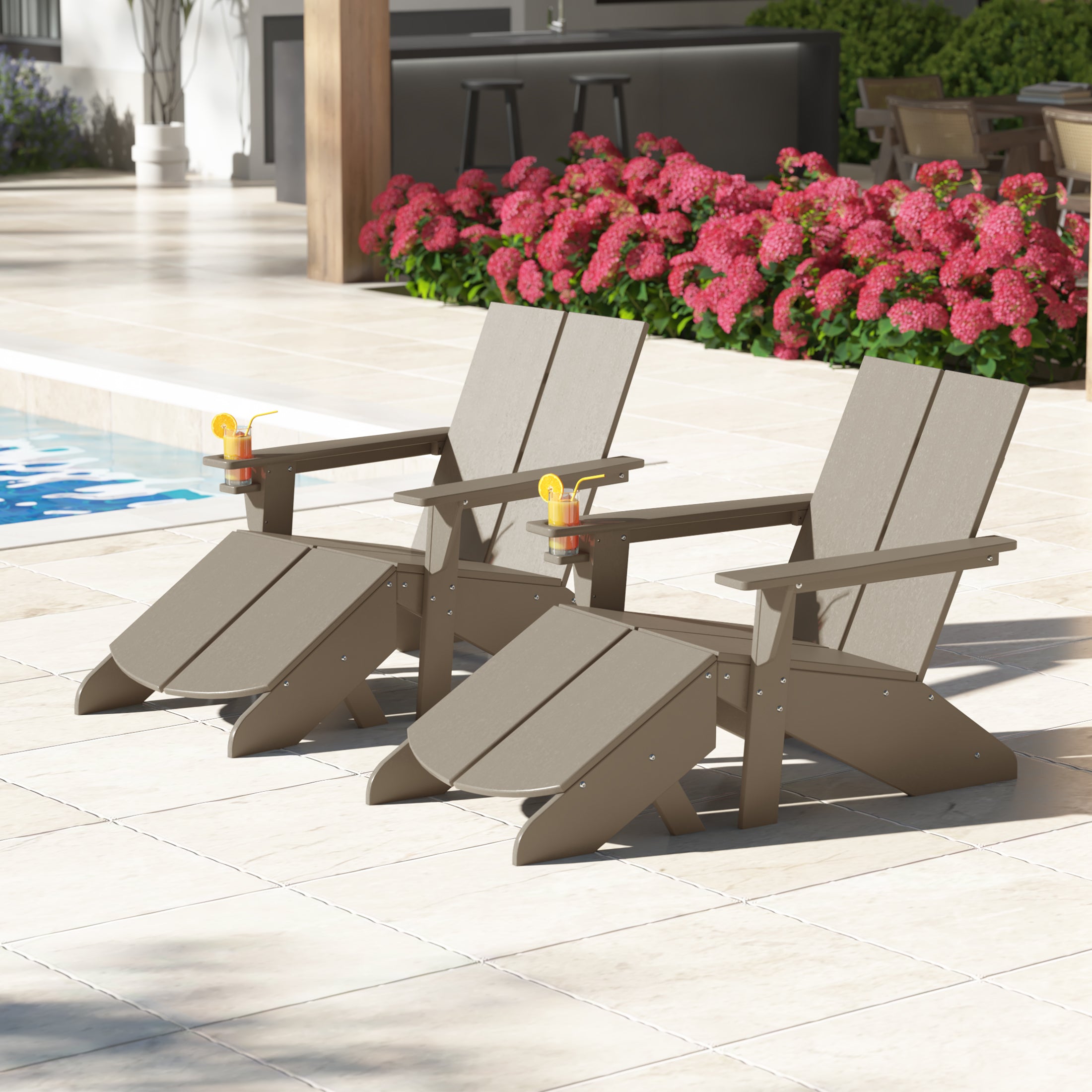 Seaview Outdoor 4-Piece HDPE Modern Adirondack Chairs Set with Folding Patio Ottomans and Cup Holder