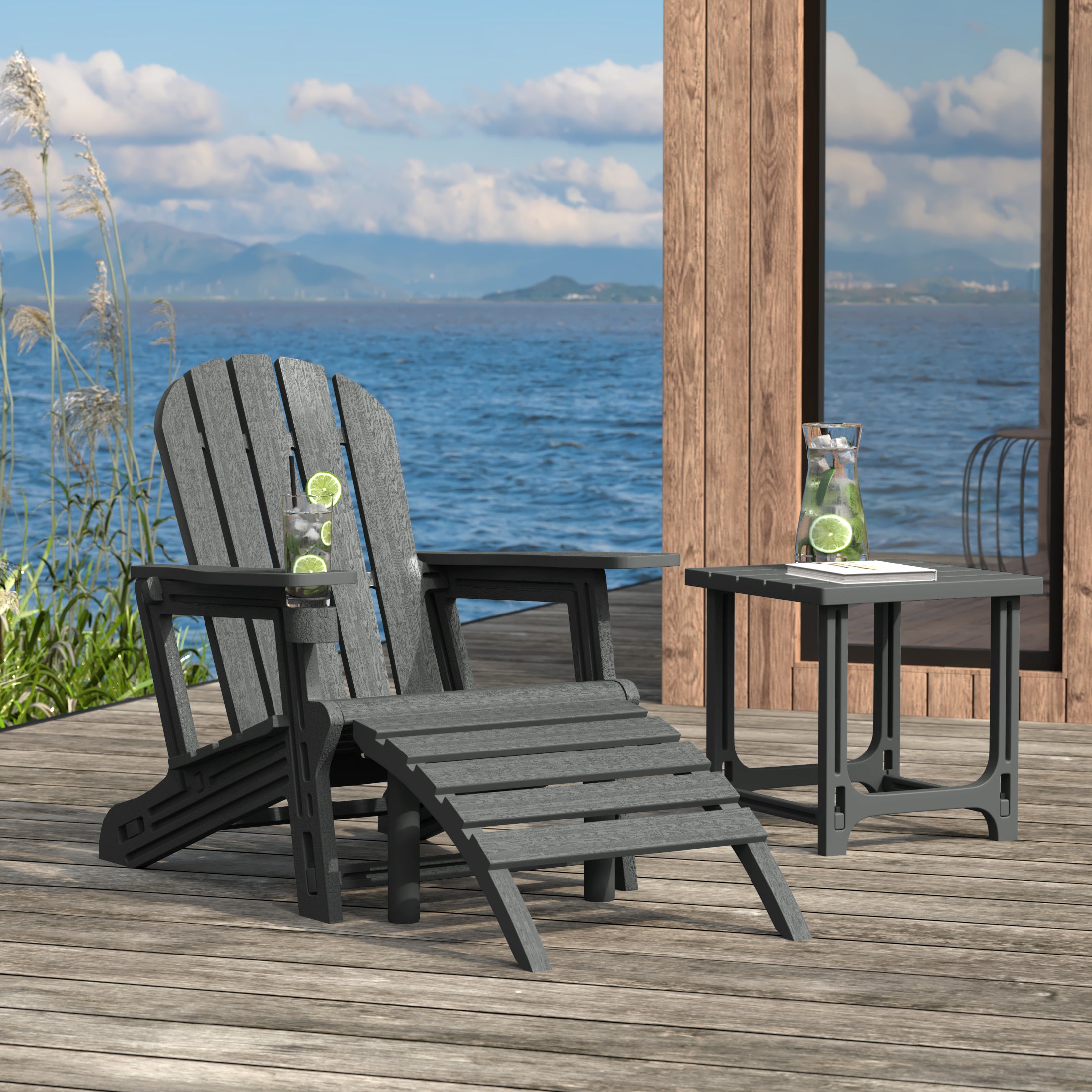 Cayman 3-Piece HDPE Outdoor Patio Adirondack Chair with Ottoman and 18" Side Table Set