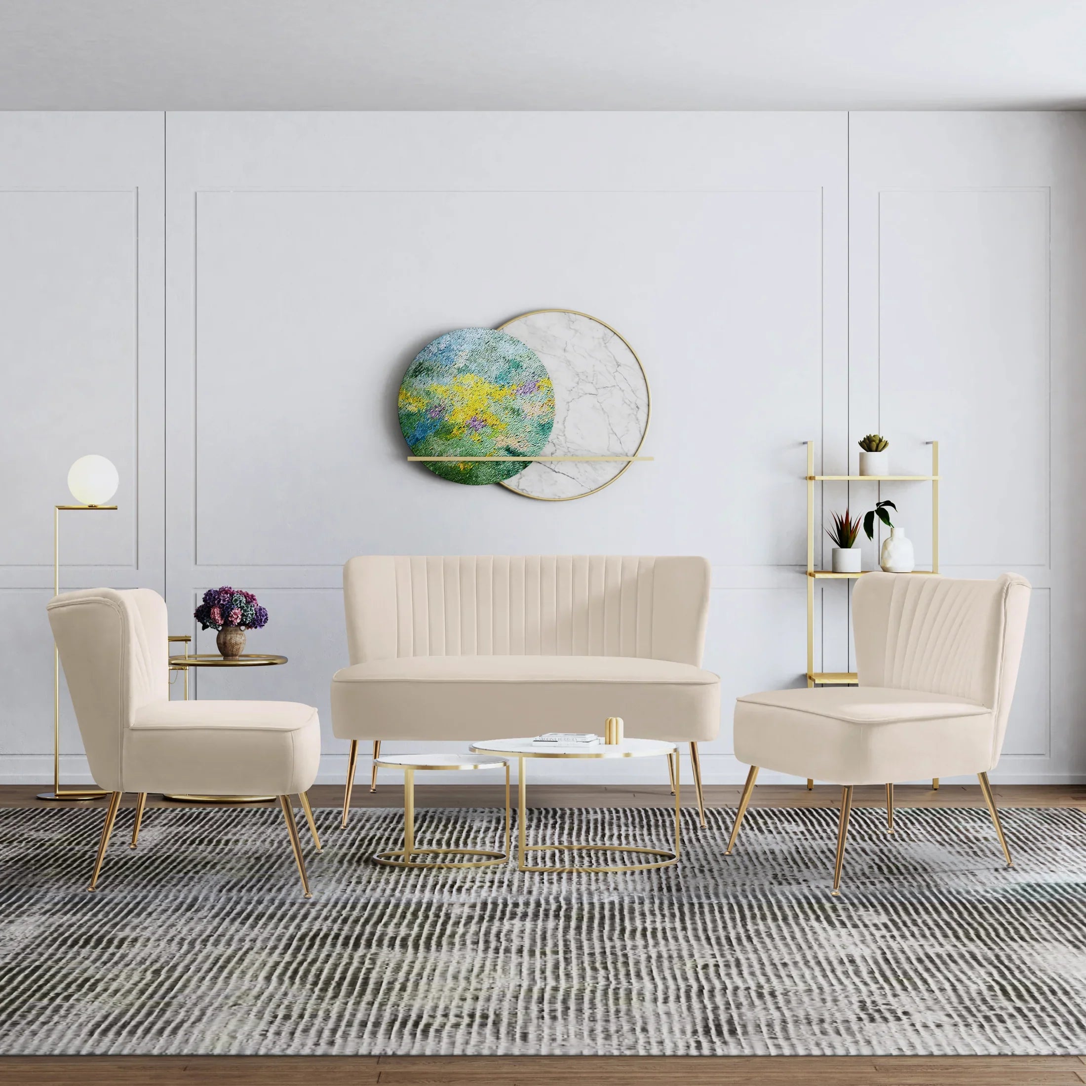 Alaia Mid Century Modern Tufted Velvet Loveseat Sofa and 25" Accent Chair 3-Piece Set