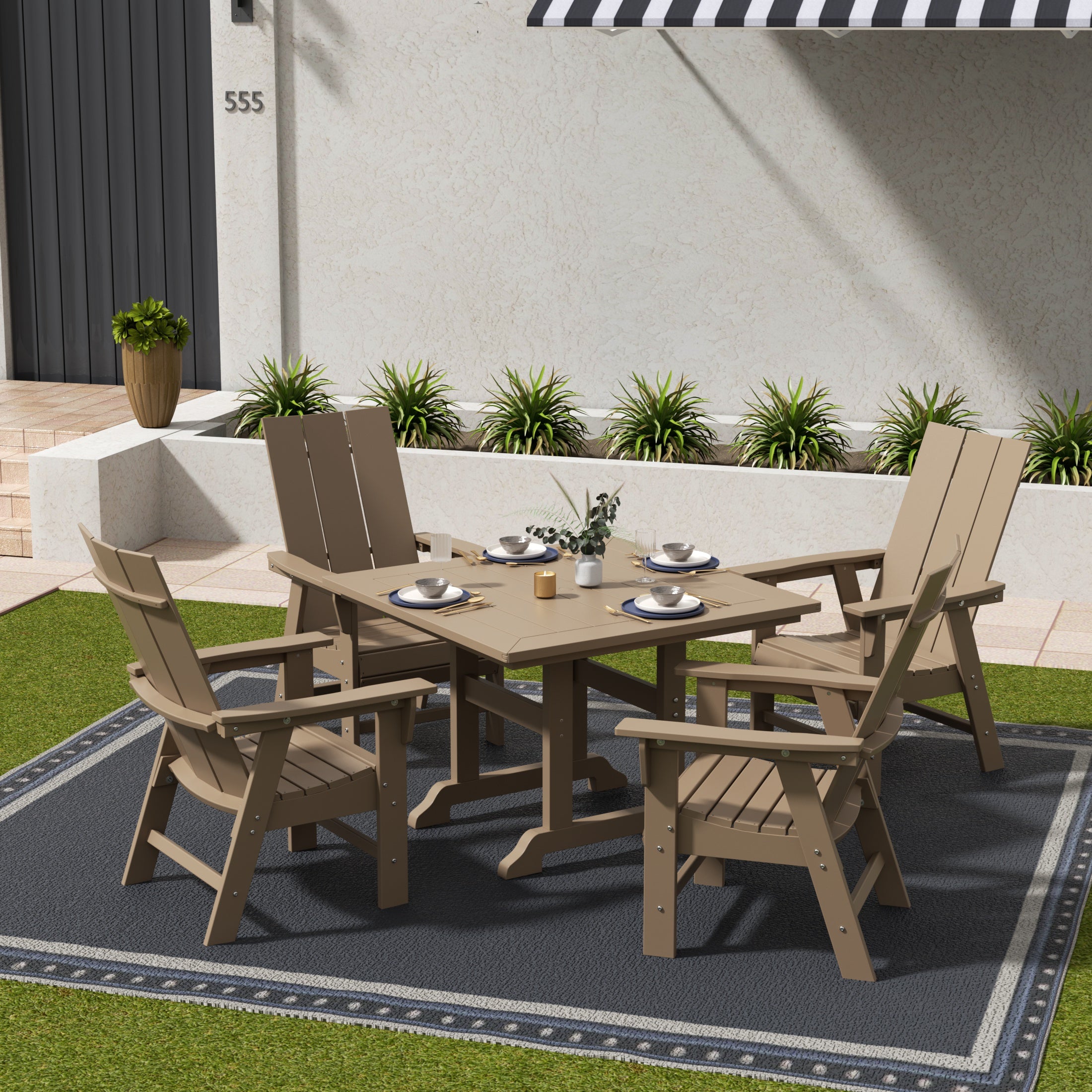 Palms 5 Piece Outdoor Patio Dining Square Table and Modern Armchair Set