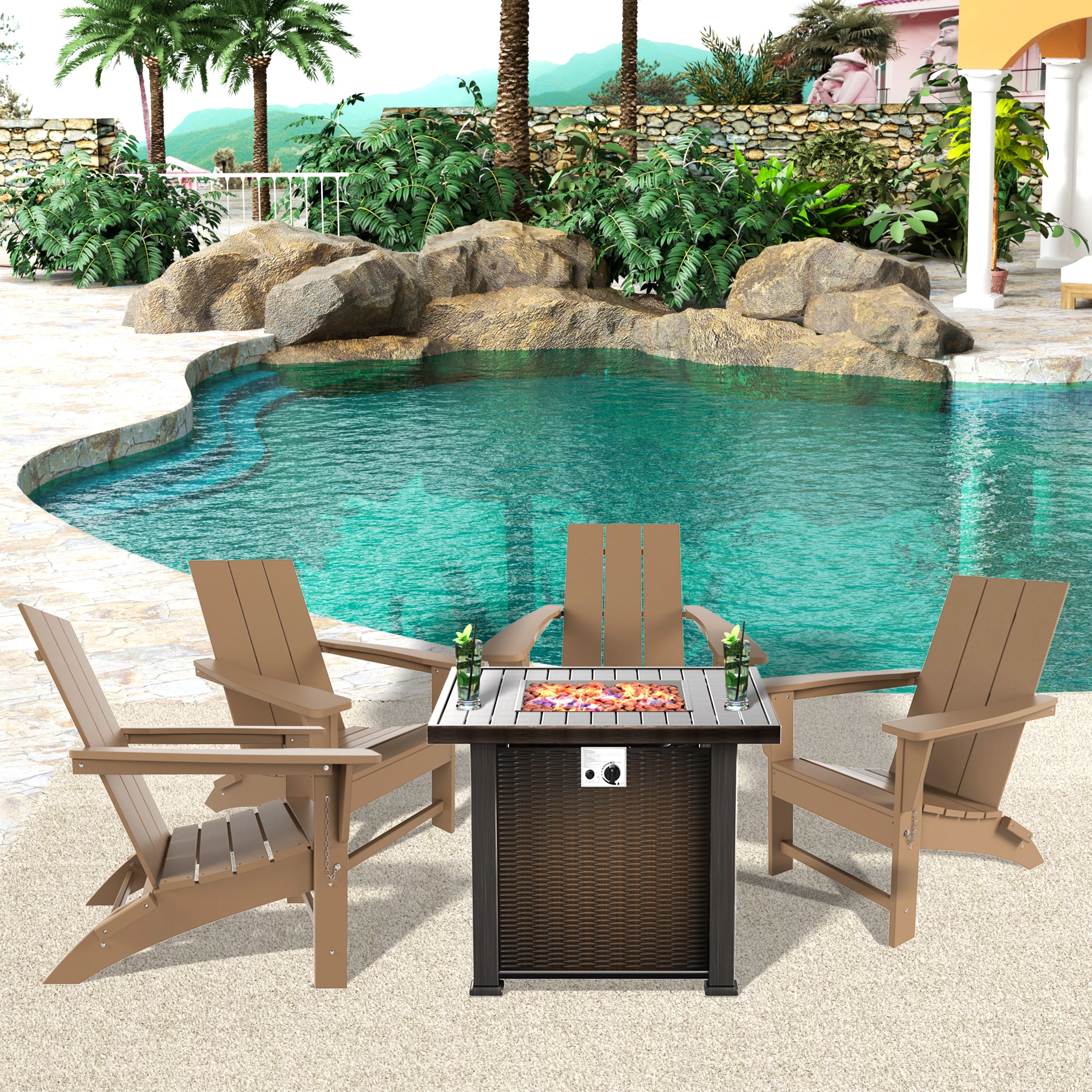 Palms Modern Folding Poly Adirondack Chair With Square Fire Pit Table