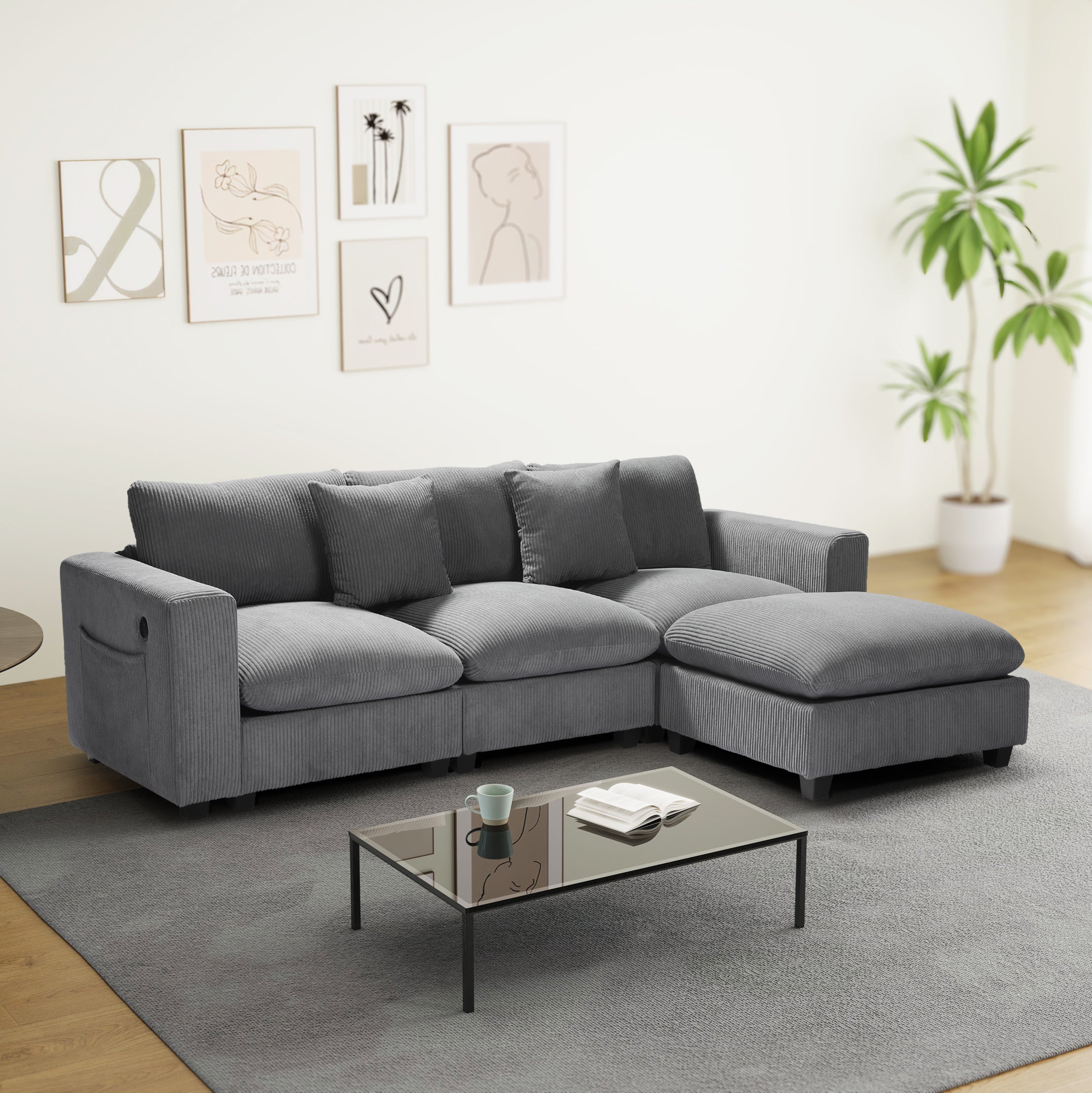 Ava 99" Modular Corduroy L-Shaped Sectional Sofa and Chaise With USB/Type-C Ports and Side Pockets
