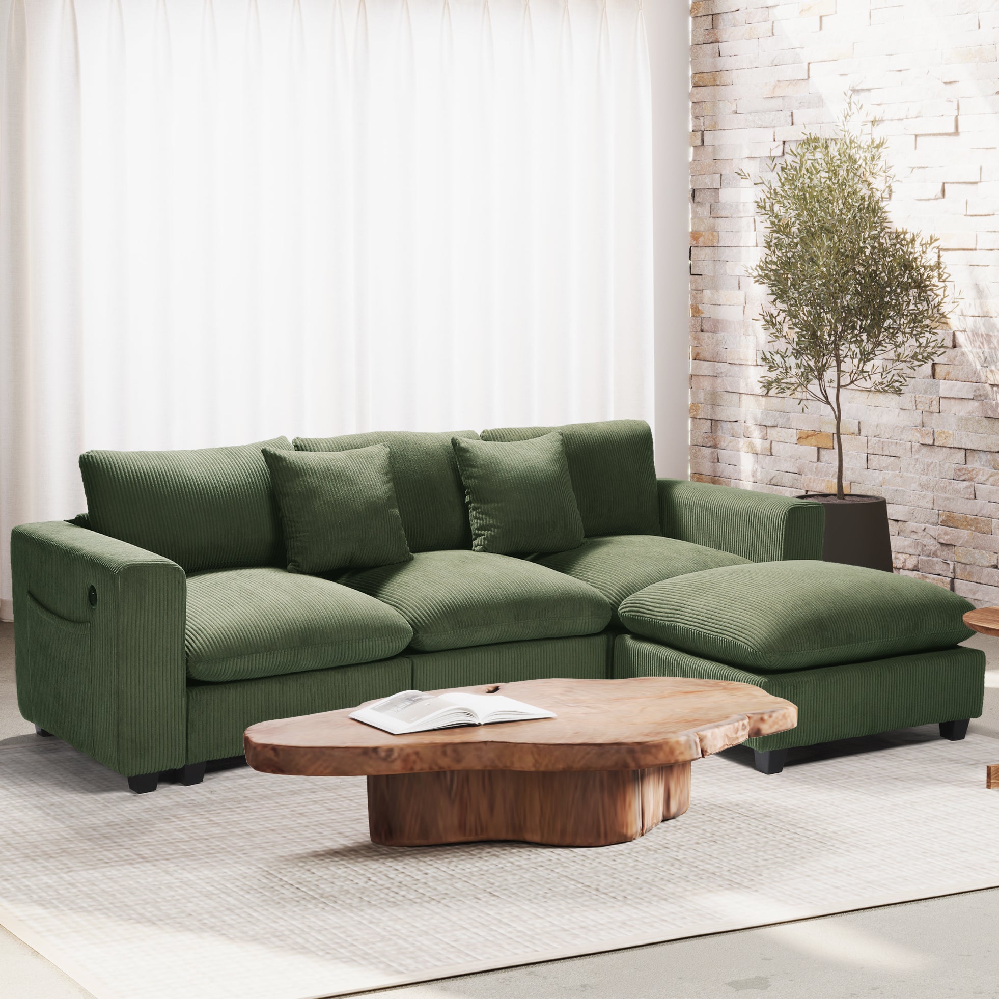 Ava 99" Modular Corduroy L-Shaped Sectional Sofa and Chaise With USB/Type-C Ports and Side Pockets