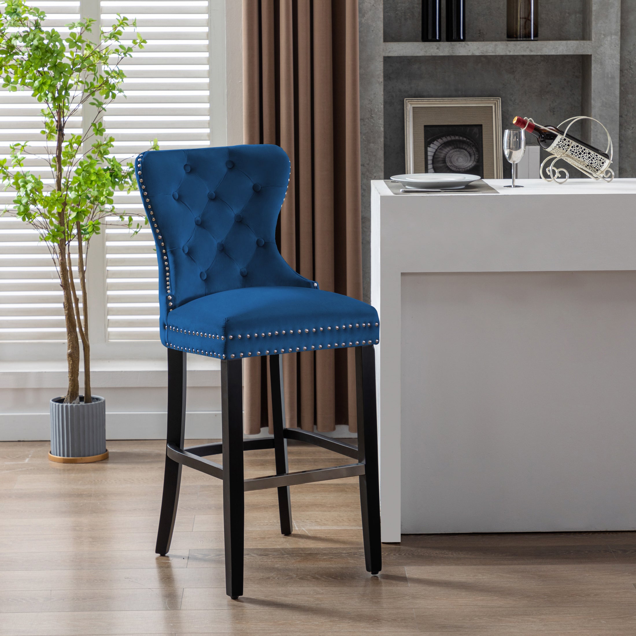 Hank 29" Tufted Velvet Bar Stool, Black