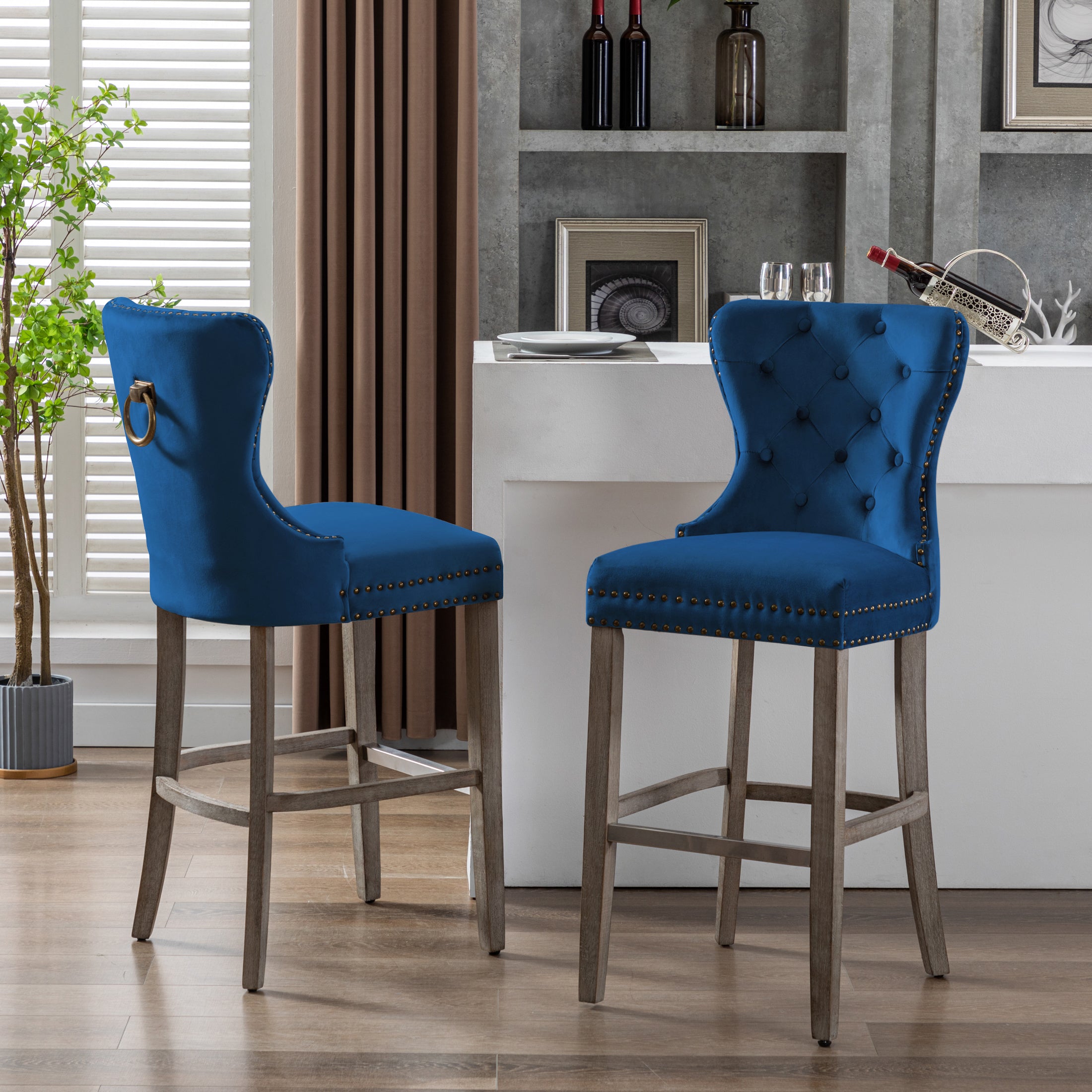 Hank 29" Tufted Velvet Bar Stool (Set of 2), Antique Gray