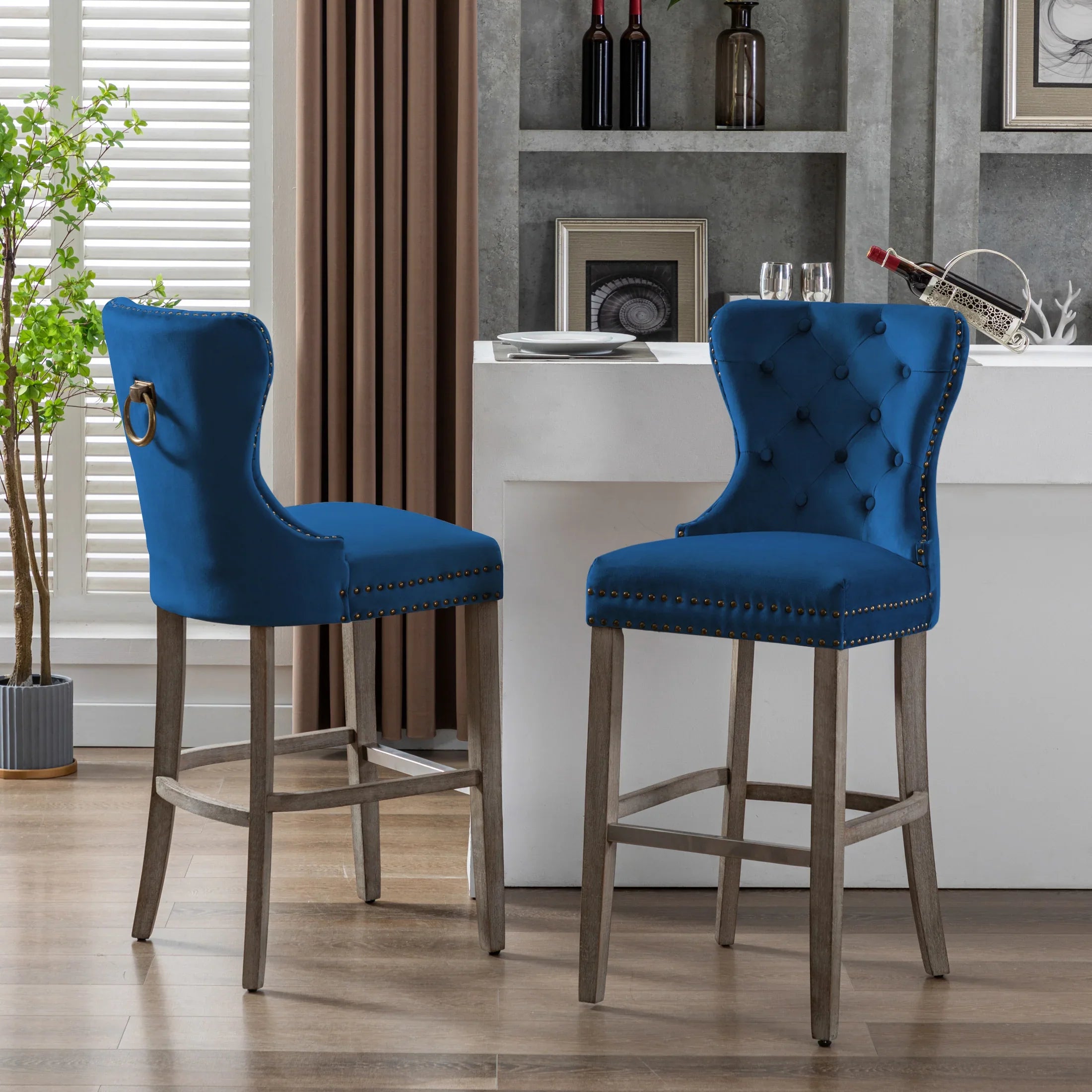 Hank 29" Tufted Velvet Bar Stool (Set of 2), Antique Gray