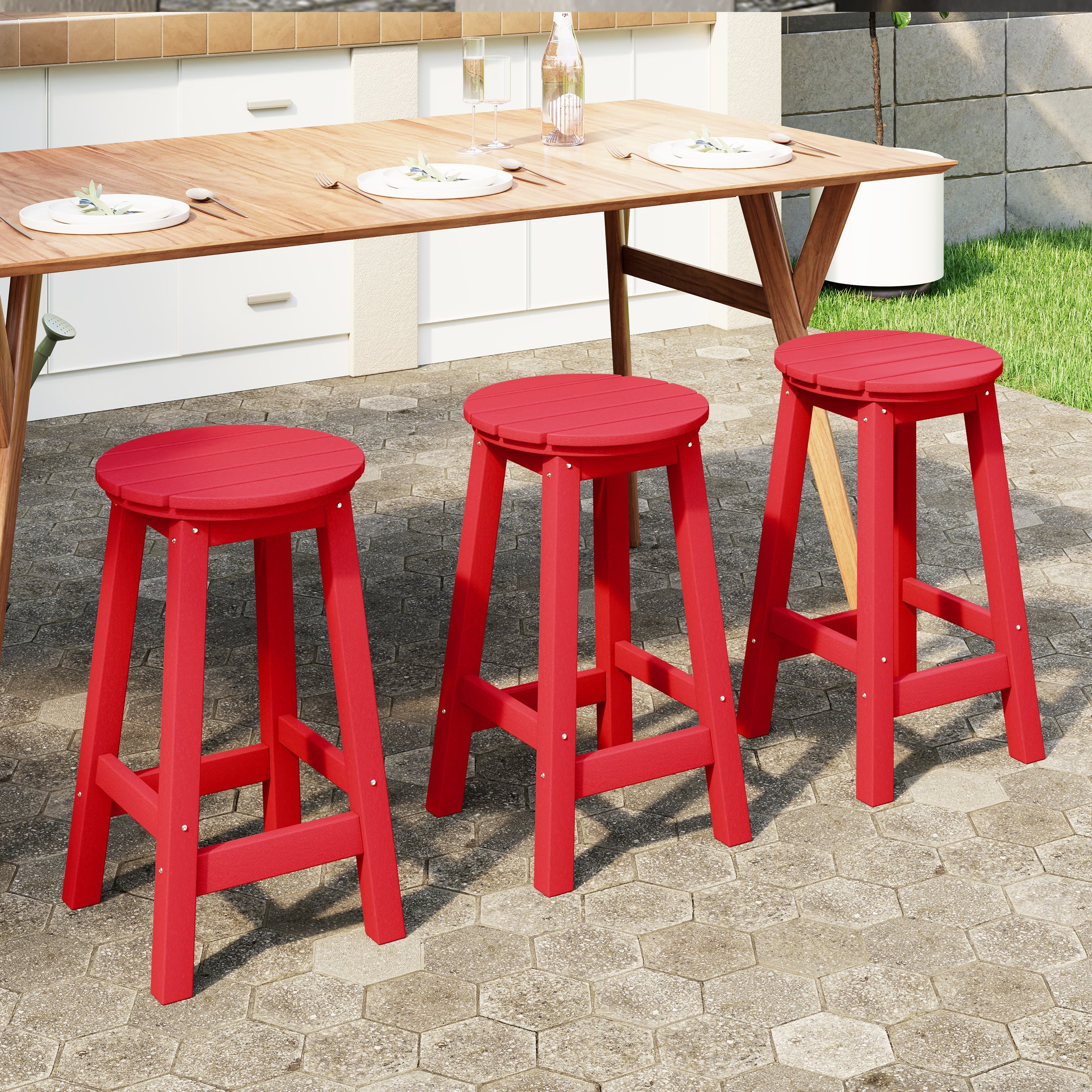Paradise 24" HDPE Outdoor Patio Round Counter Height Bar Stool Set of 3