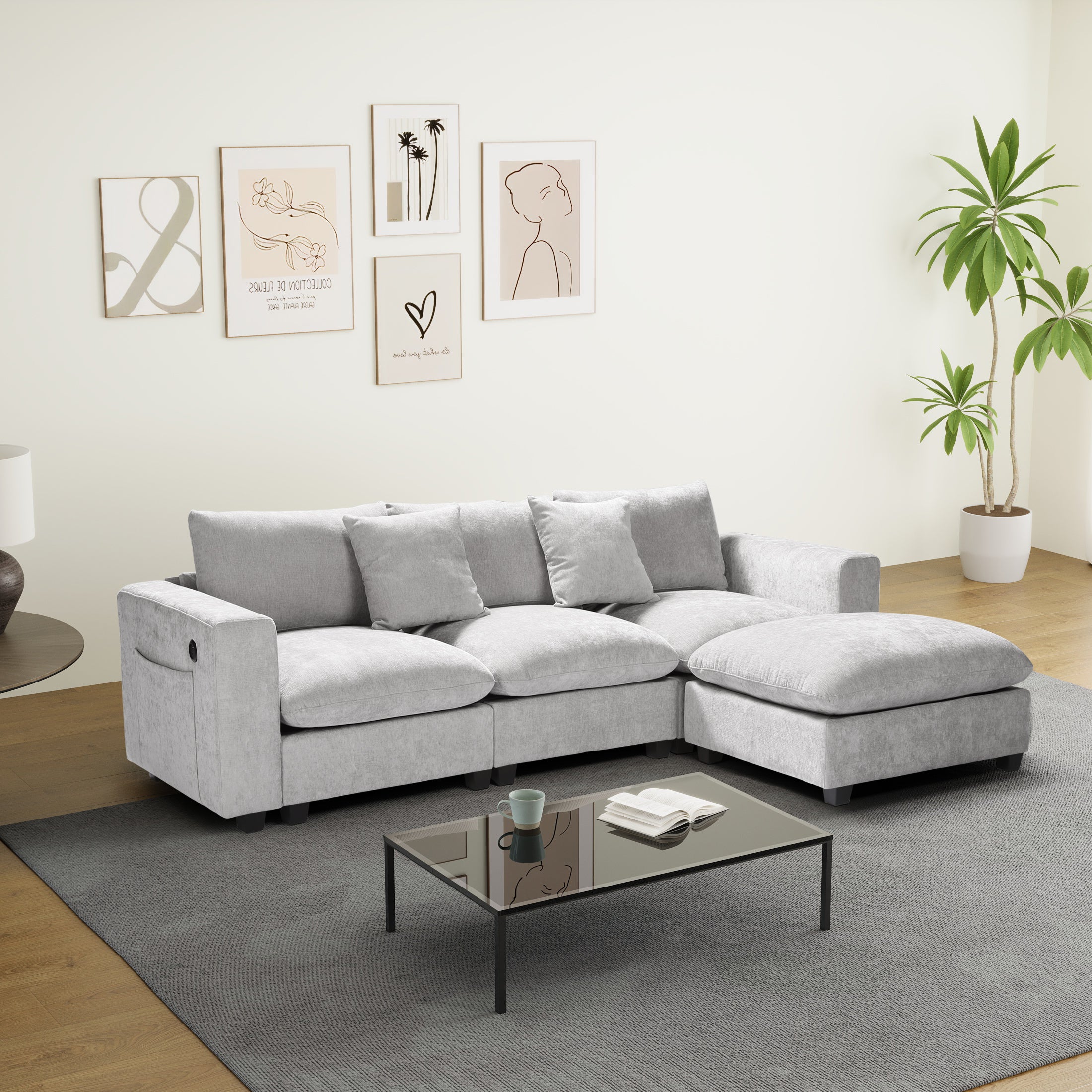 Springfield 99" Modular Chenille L-Shaped Sectional Sofa and Chaise With USB/Type-C Ports and Side Pockets