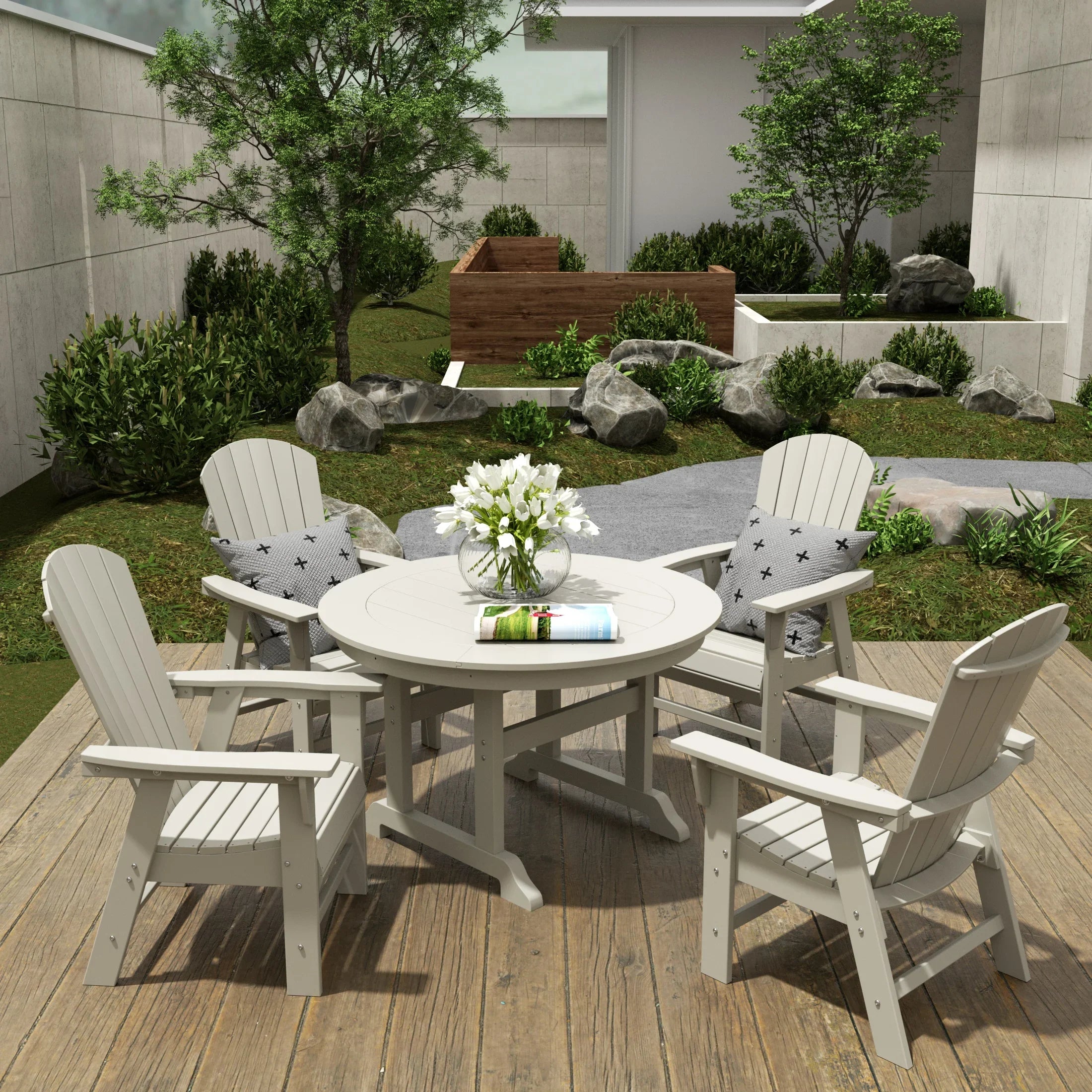 Portside 5 Piece Outdoor Patio Dining Round Table and Shell Back Armchair Set