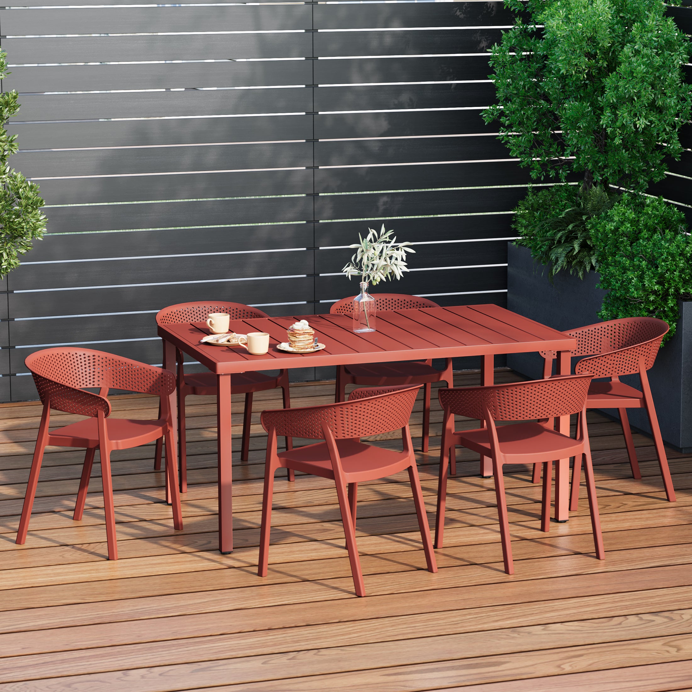 Sunshine 7-Piece Outdoor Metal Rectangle Patio Dining Table Set With Stackable Patio Dining Chairs