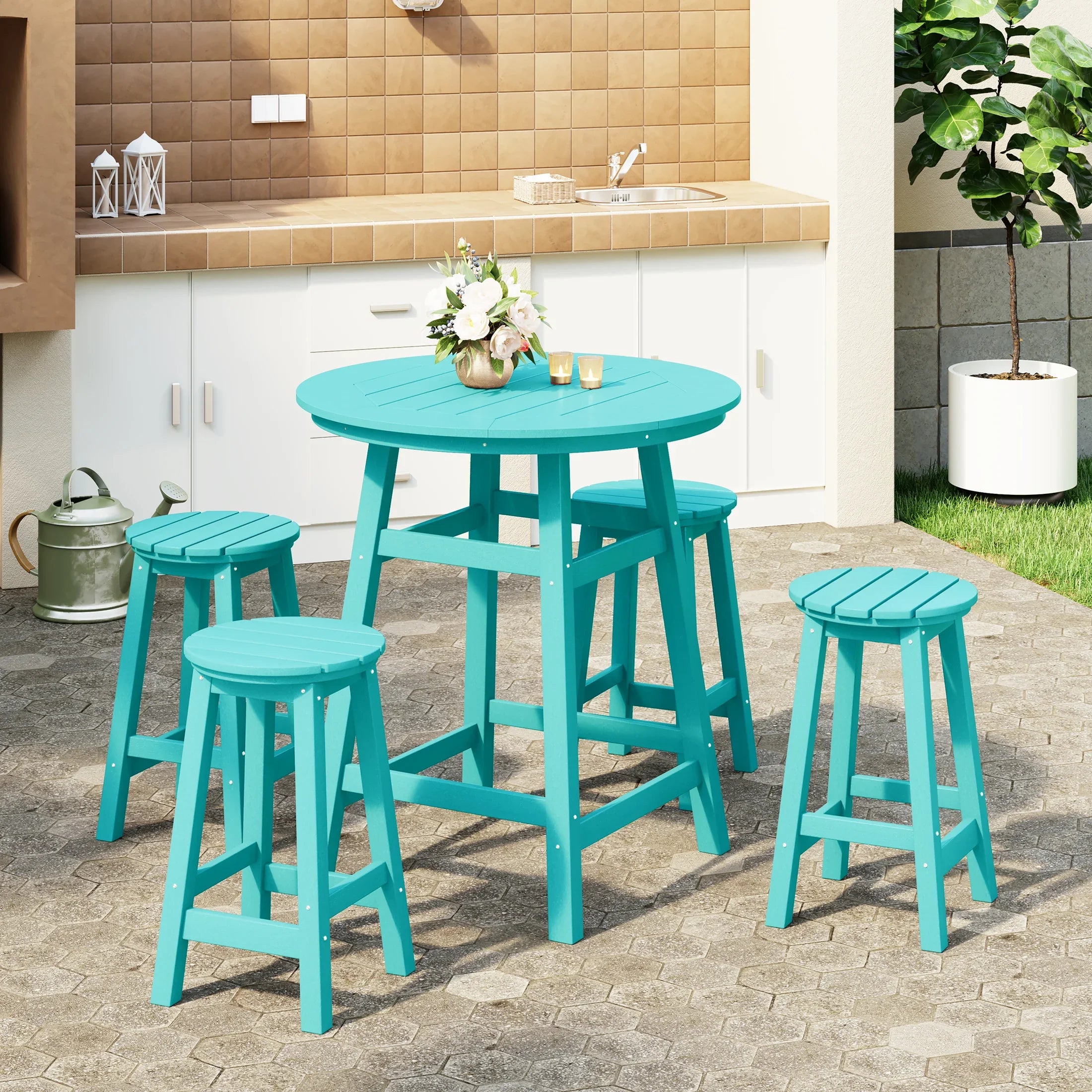 Paradise 5-Piece HDPE Outdoor Patio Dining Bar Bistro Table Set with Counter High Round Bar Stools