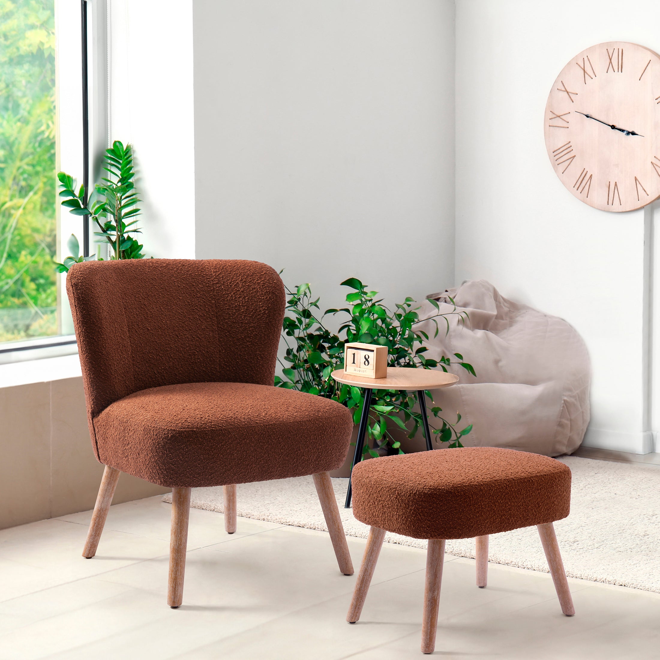 Amélie Mid-Century Boucle Accent Chair with Ottoman Foot Stool Set