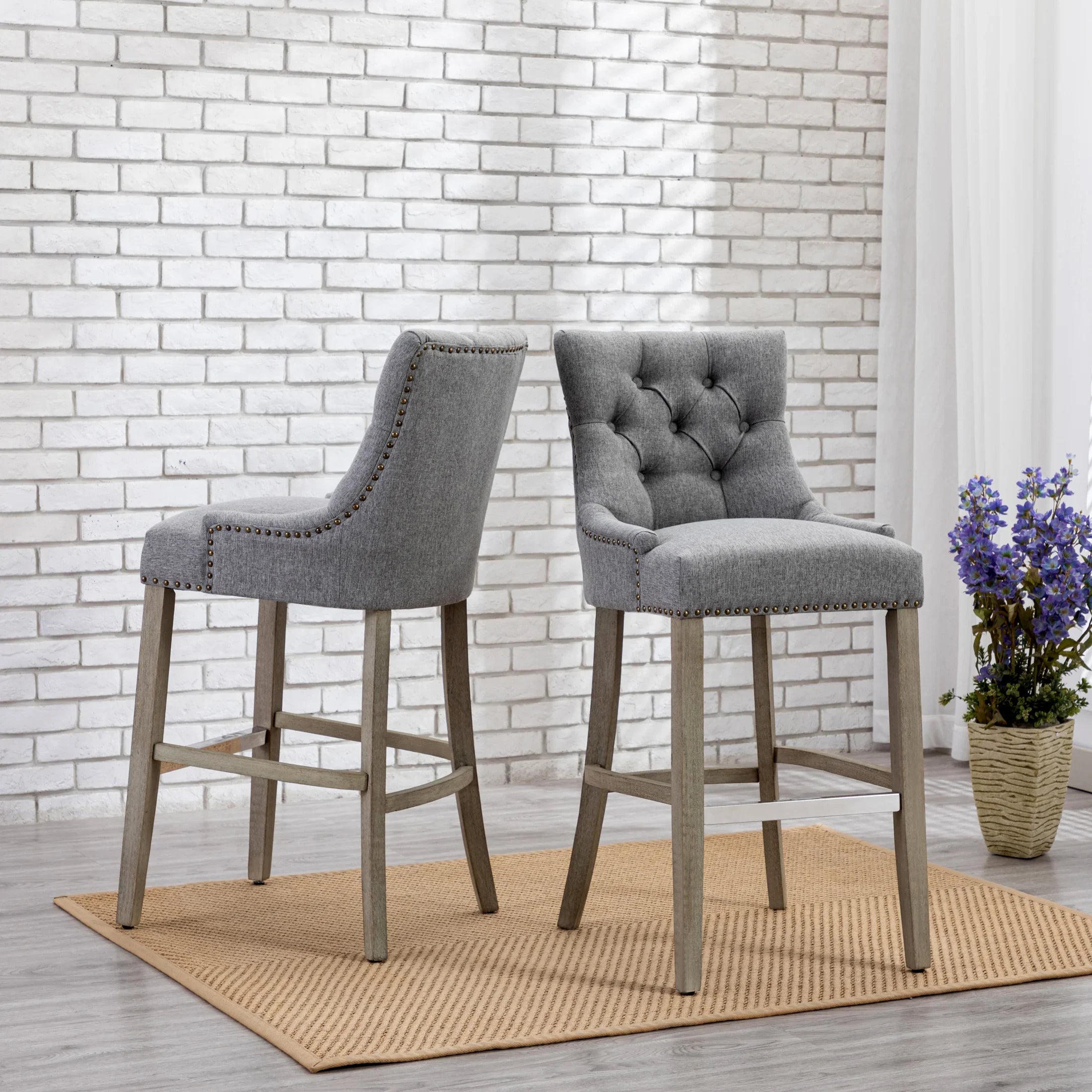 Bellmount 29" Upholstered Wood Bar Stool with Tufted Back (Set of 2)