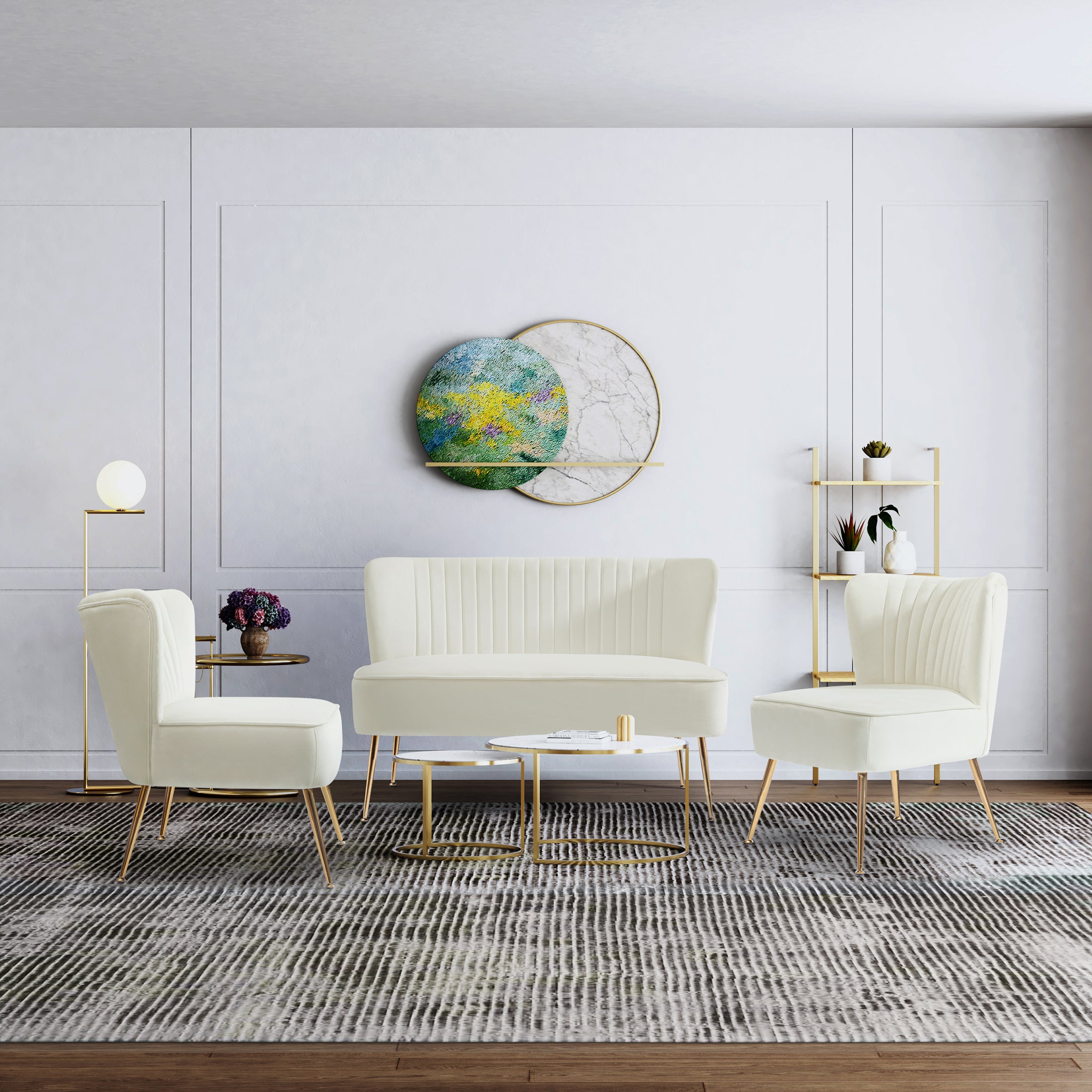 Alaia Mid Century Modern Tufted Velvet Loveseat Sofa and 22" Accent Chair 3-Piece Set