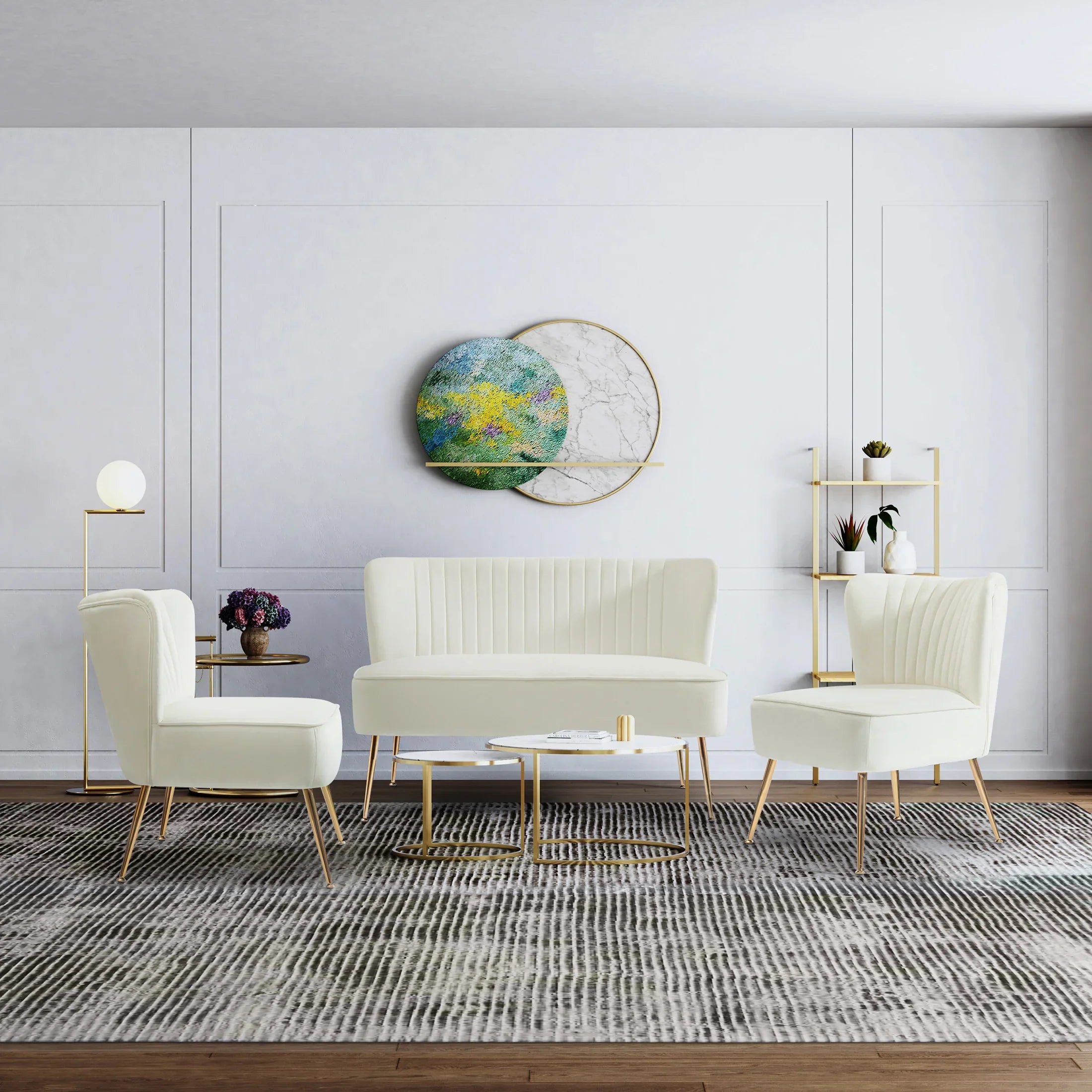 Alaia Mid Century Modern Tufted Velvet Loveseat Sofa and 22" Accent Chair 3-Piece Set